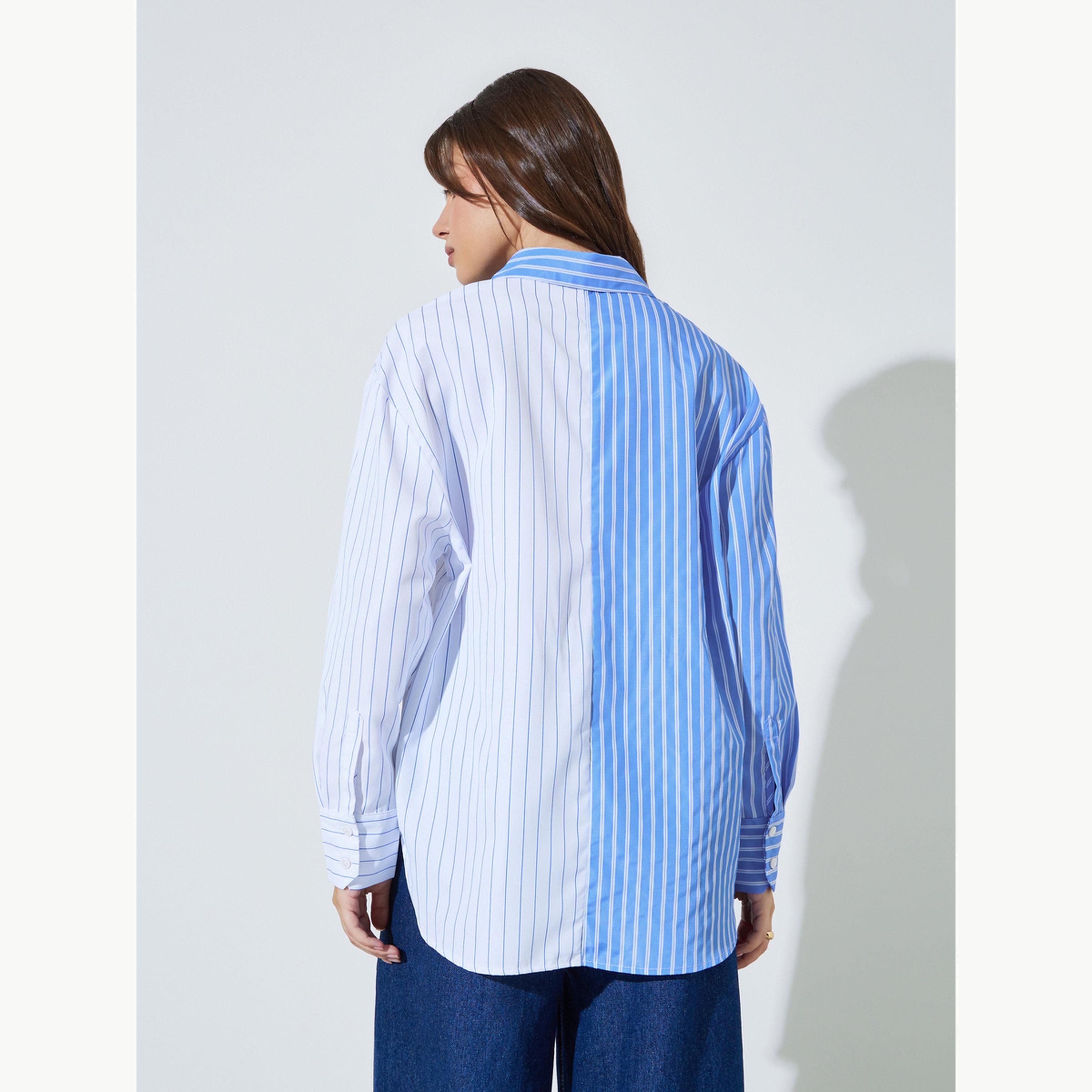 Styli Blue Color Block Striped Longline Shirt-women-clothing-shirtsandblouses-shirts-image-4