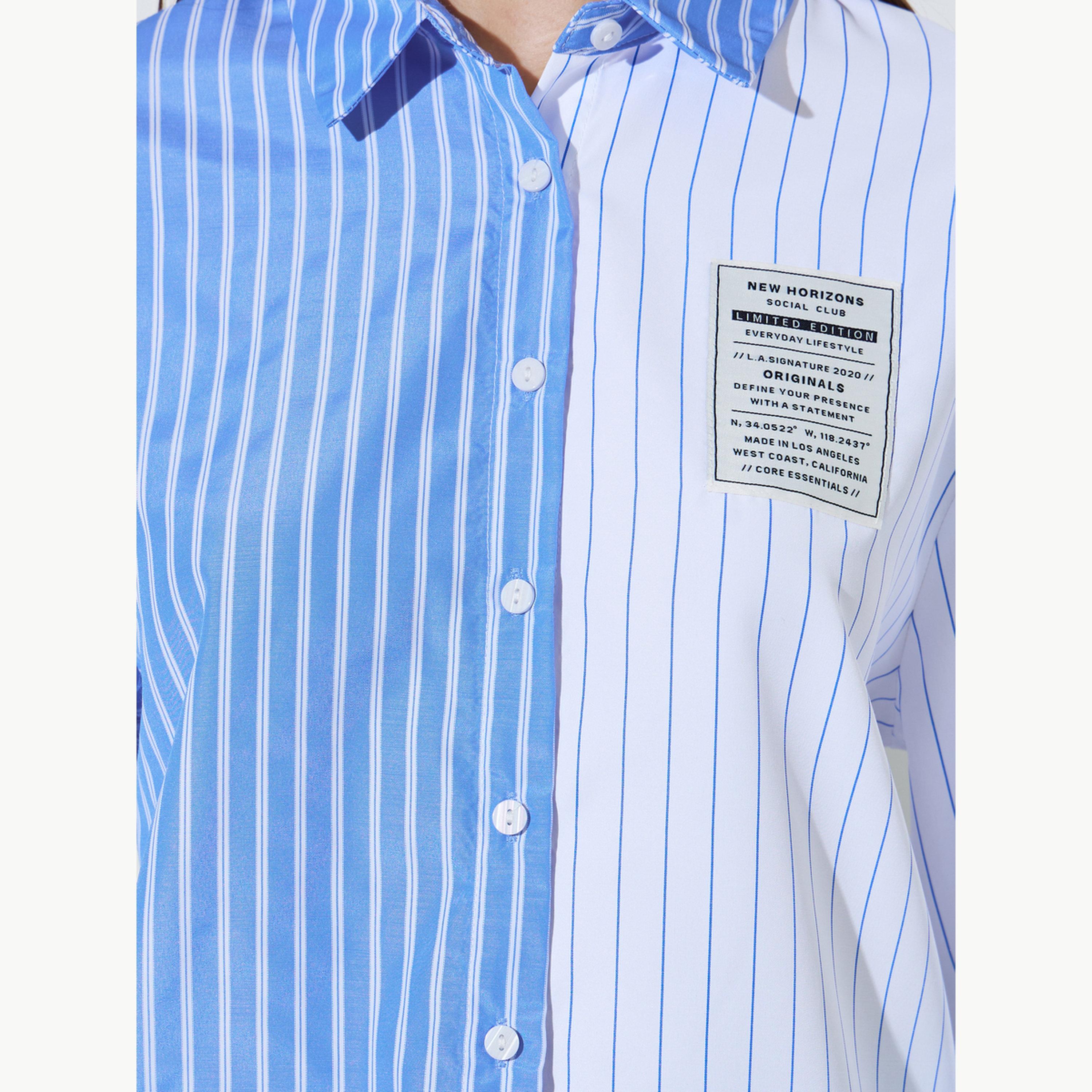 Styli Blue Color Block Striped Longline Shirt-women-clothing-shirtsandblouses-shirts-image-5