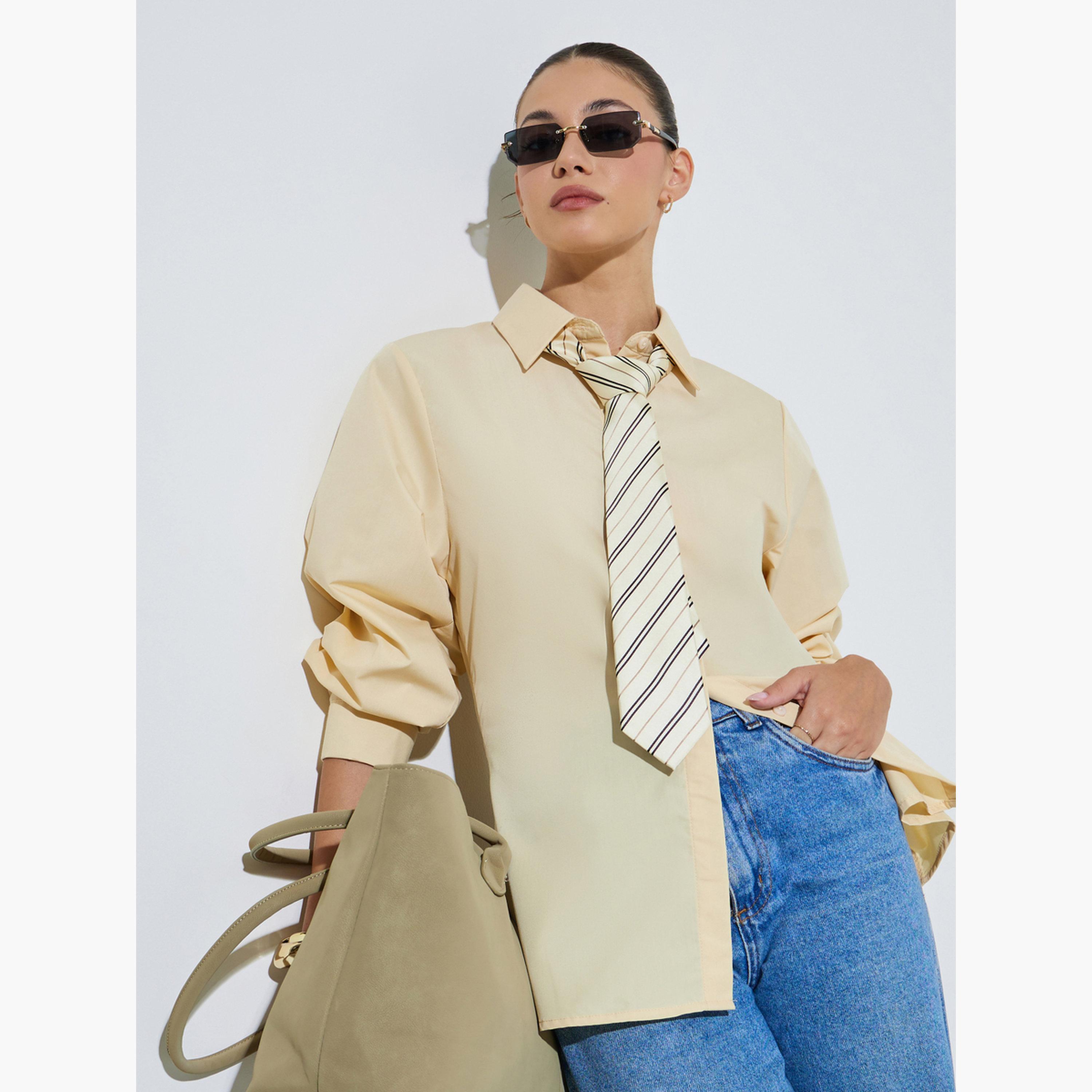 بلوزة واسعة بتفاصيل مزمومة وأكمام طويلة-women-clothing-shirtsandblouses-shirts-image-4