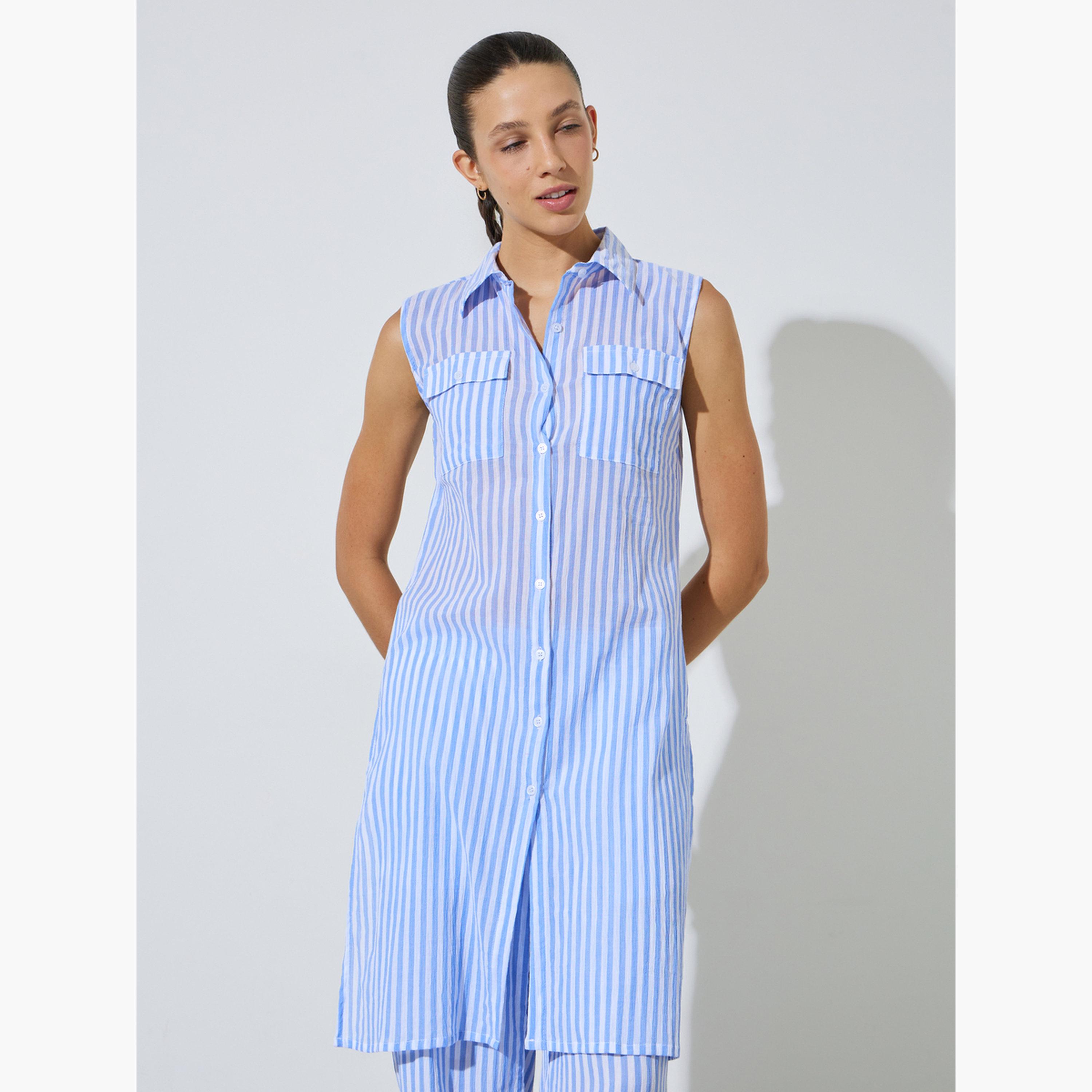 Styli Beige Striped Longline Shirt-women-clothing-shirtsandblouses-blouses-image-1