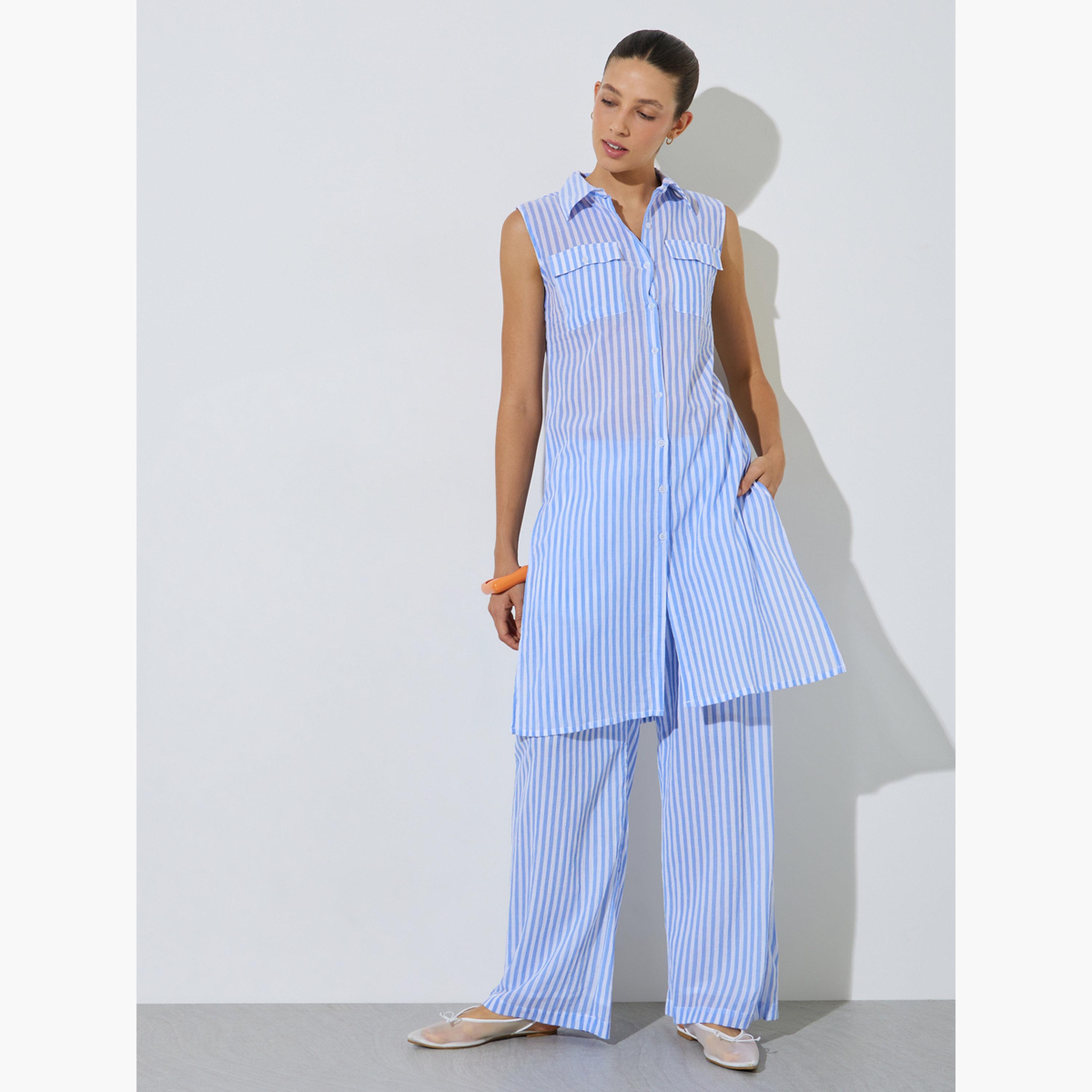 Styli Beige Striped Longline Shirt-women-clothing-shirtsandblouses-blouses-image-3
