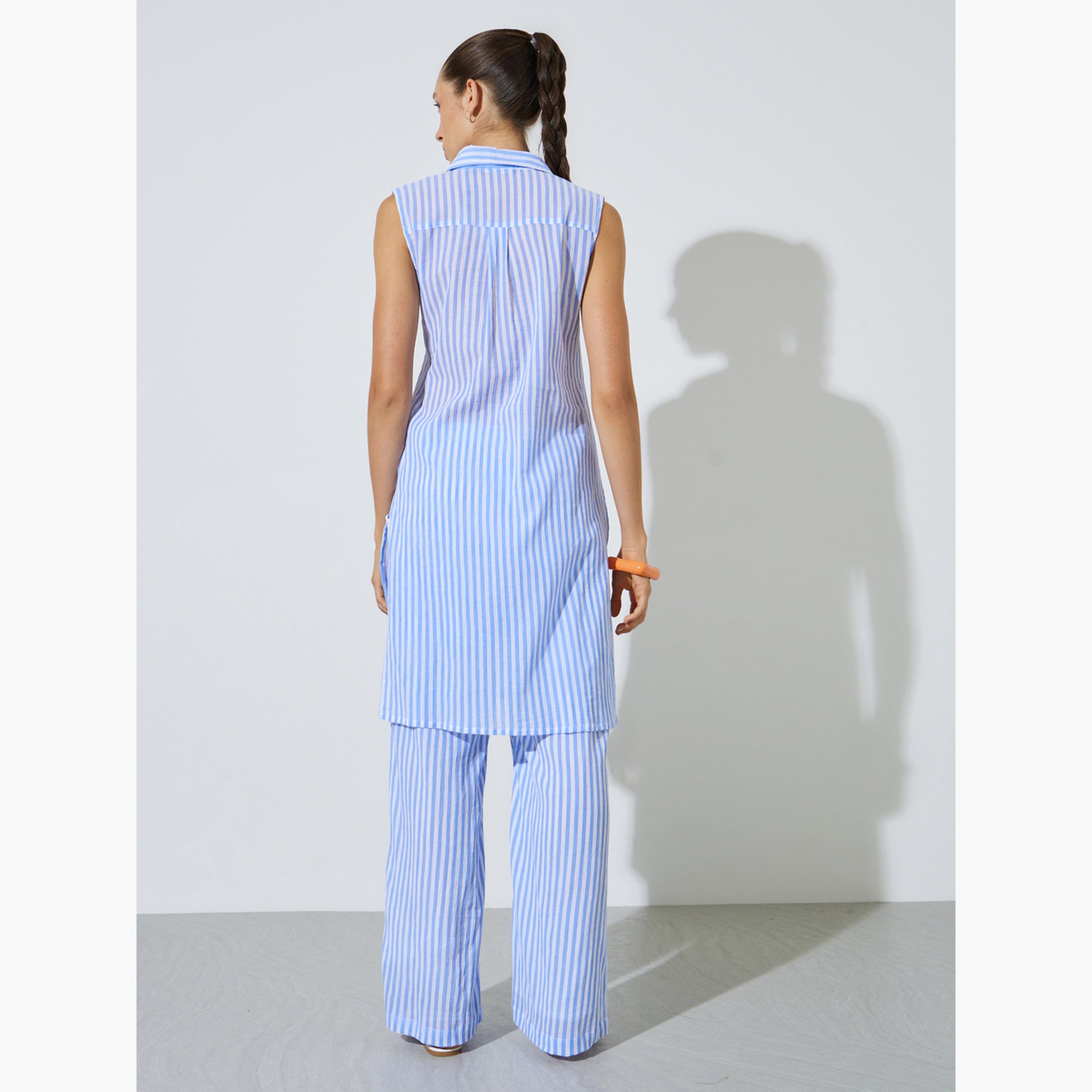 Styli Beige Striped Longline Shirt-women-clothing-shirtsandblouses-blouses-image-4