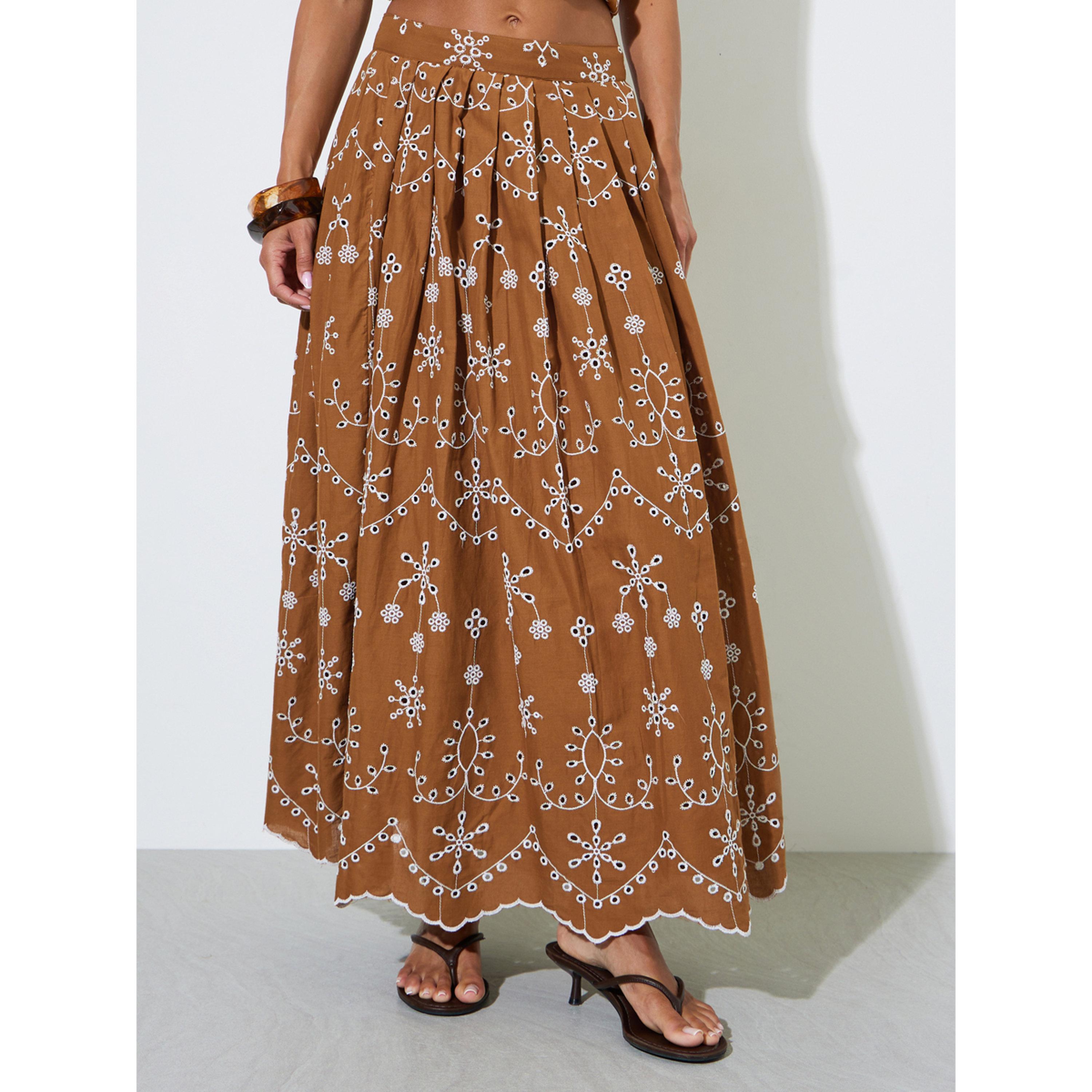 Styli Brown Schiffli Details A-Line Maxi Skirt-women-clothing-skirts-image-1