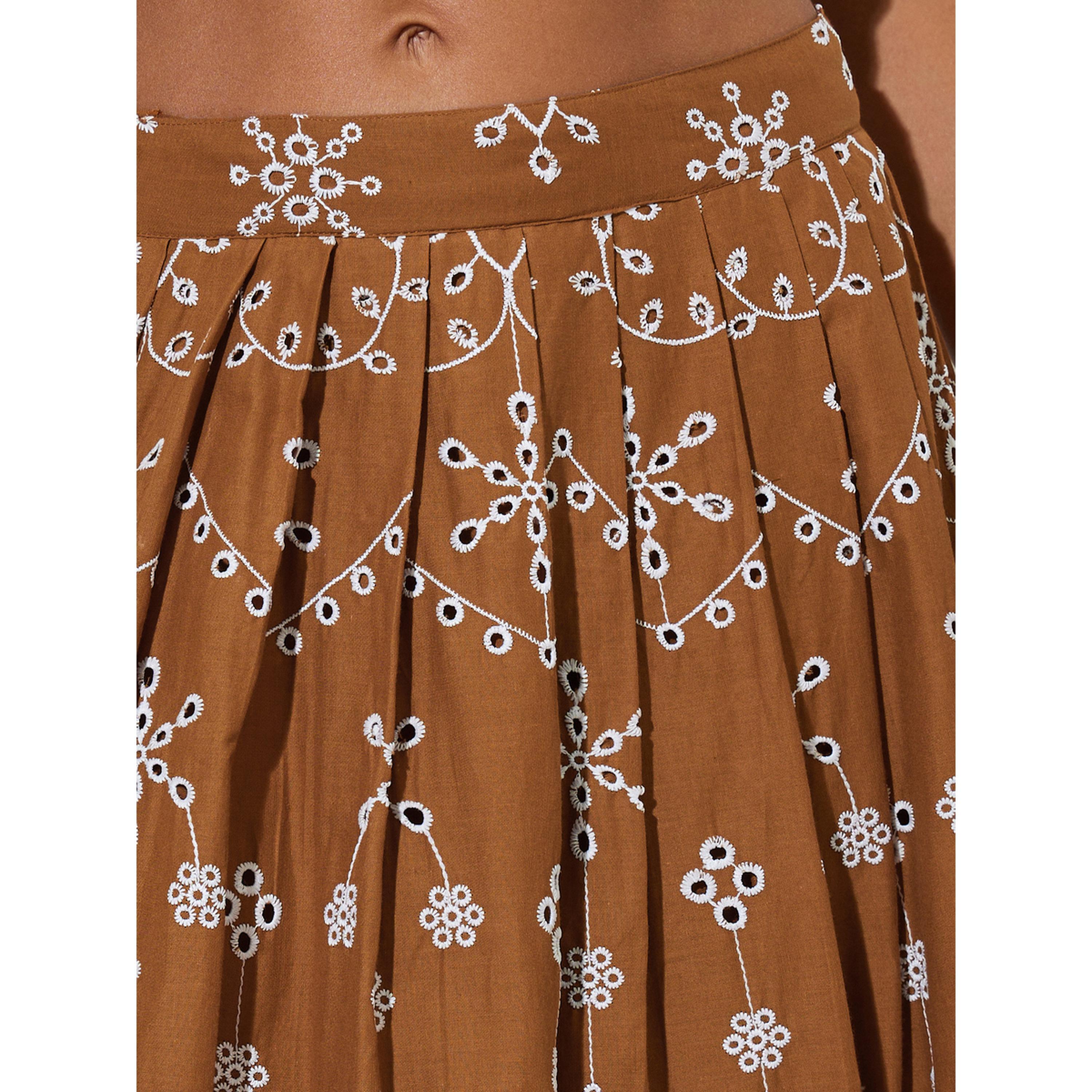 Styli Brown Schiffli Details A-Line Maxi Skirt-women-clothing-skirts-image-3