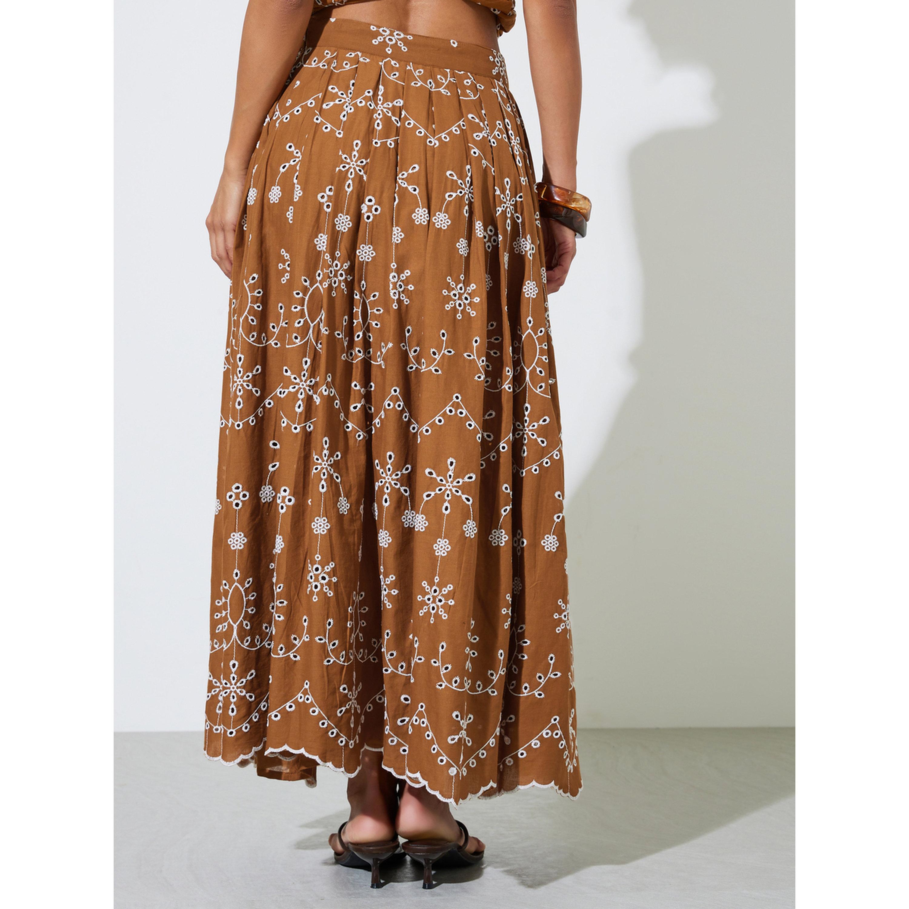 Styli Brown Schiffli Details A-Line Maxi Skirt-women-clothing-skirts-image-4