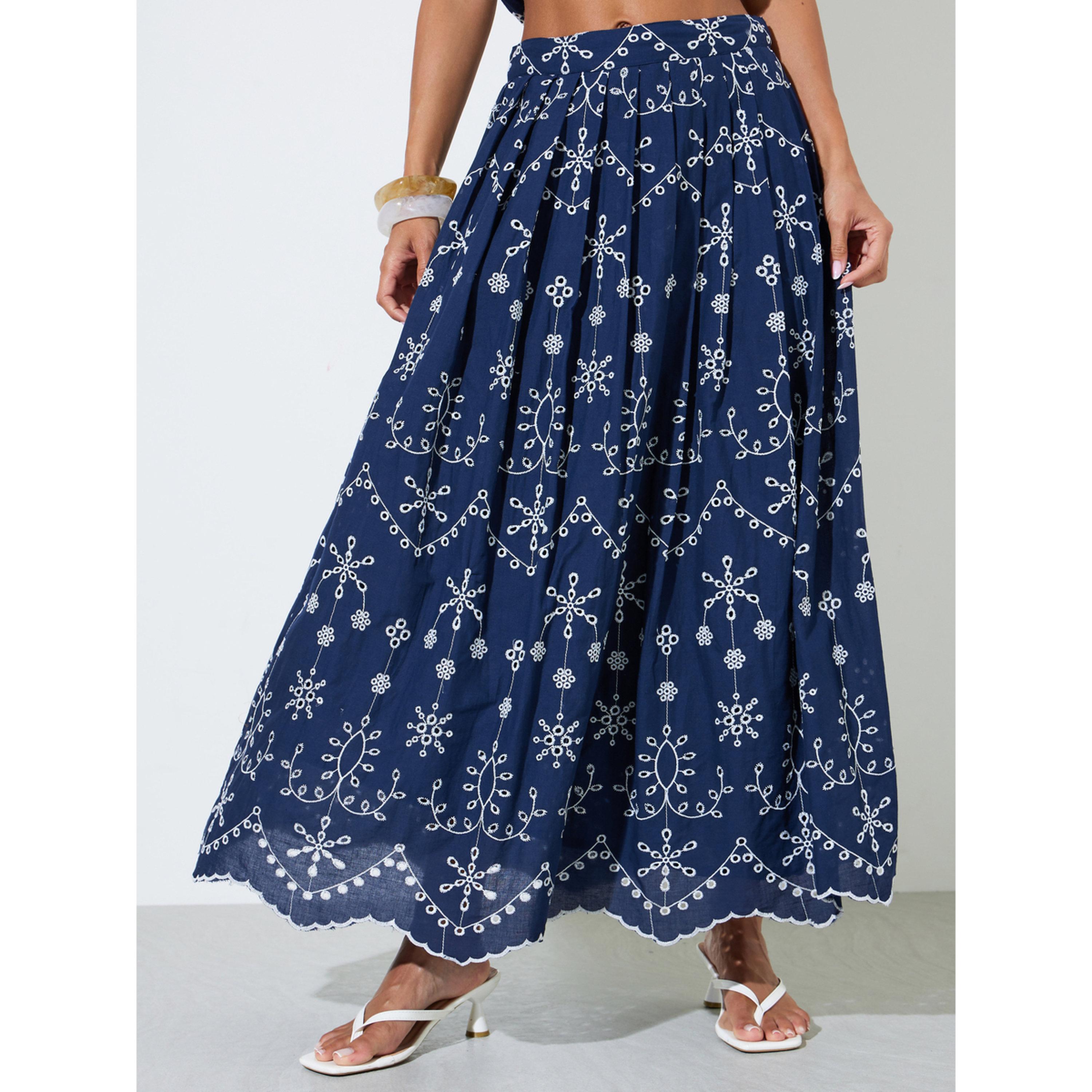 Styli Navy Blue Schiffli Details A-Line Maxi Skirt-women-clothing-skirts-image-1