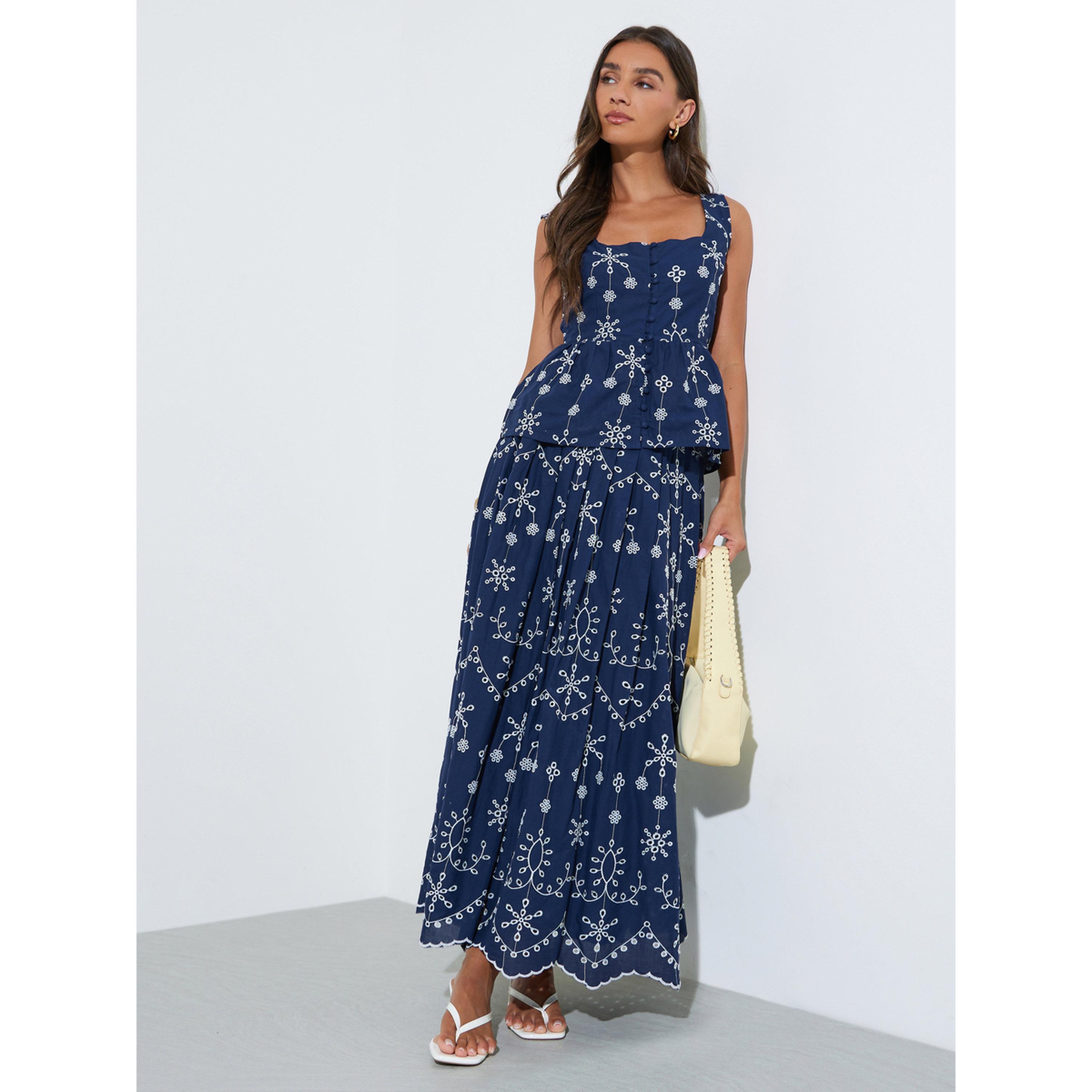 Styli Navy Blue Schiffli Details A-Line Maxi Skirt-women-clothing-skirts-image-2