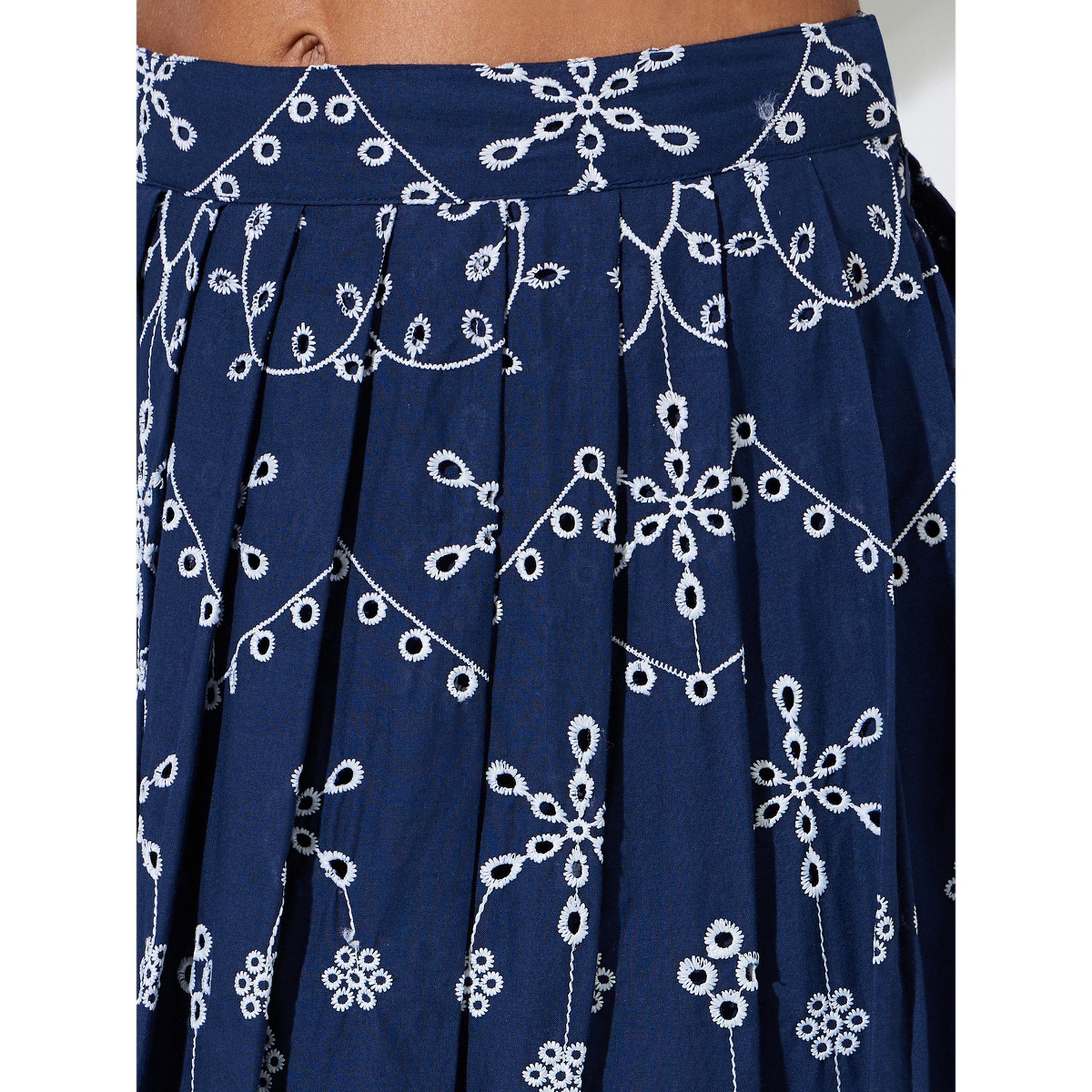 Styli Navy Blue Schiffli Details A-Line Maxi Skirt-women-clothing-skirts-image-3
