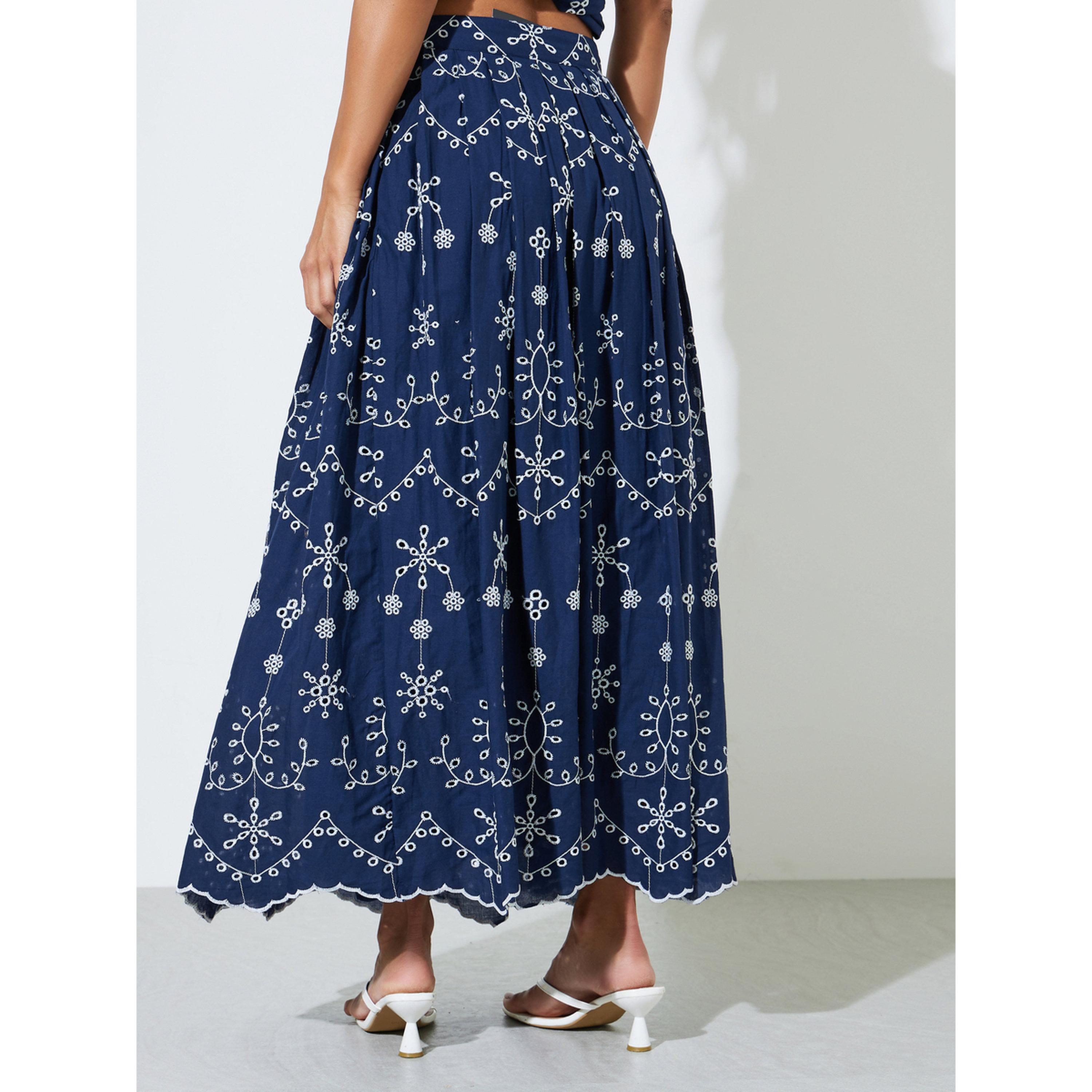 Styli Navy Blue Schiffli Details A-Line Maxi Skirt-women-clothing-skirts-image-4