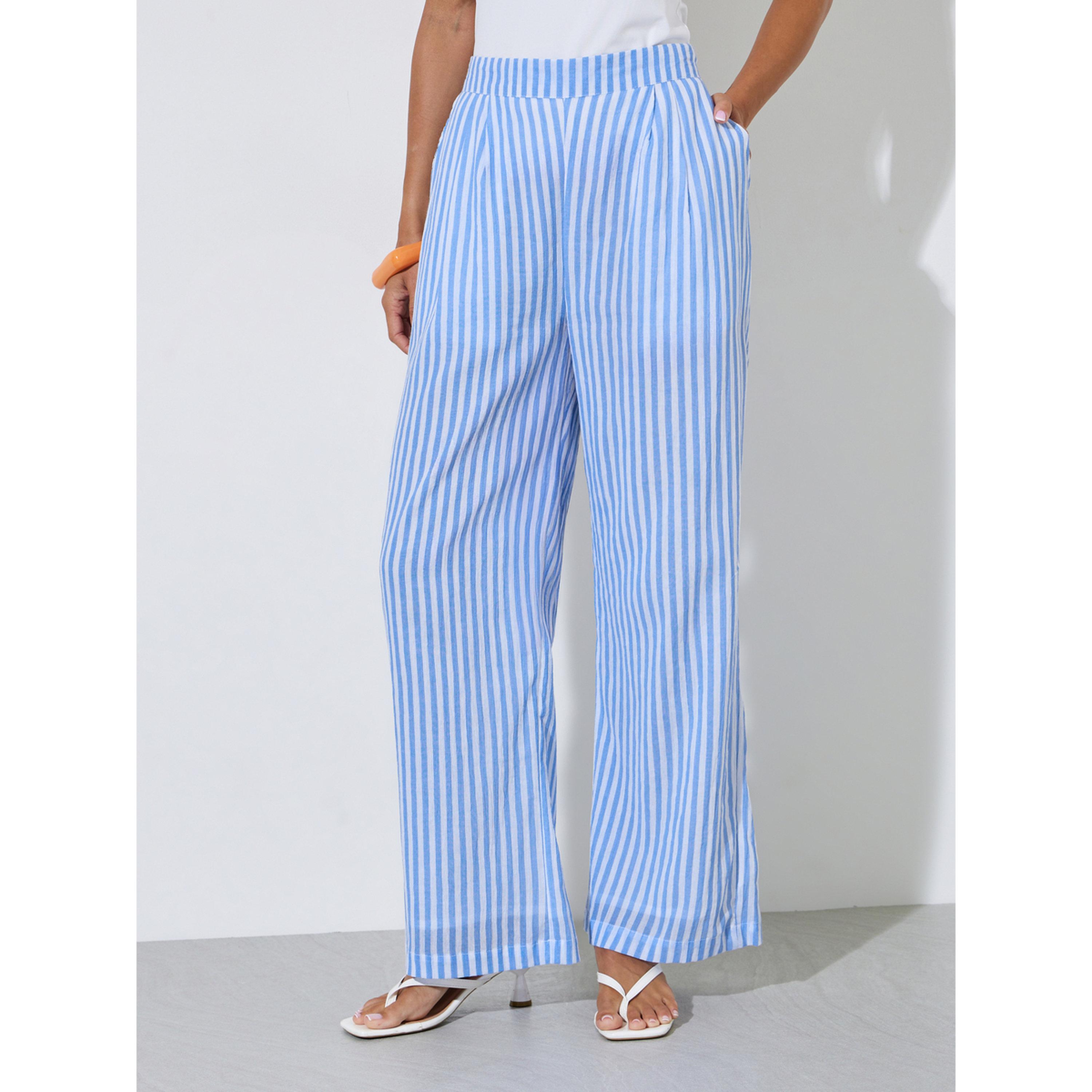 بنطال بأرجل واسعة ومخطط باللون الأزرق-women-clothing-joggers-image-1