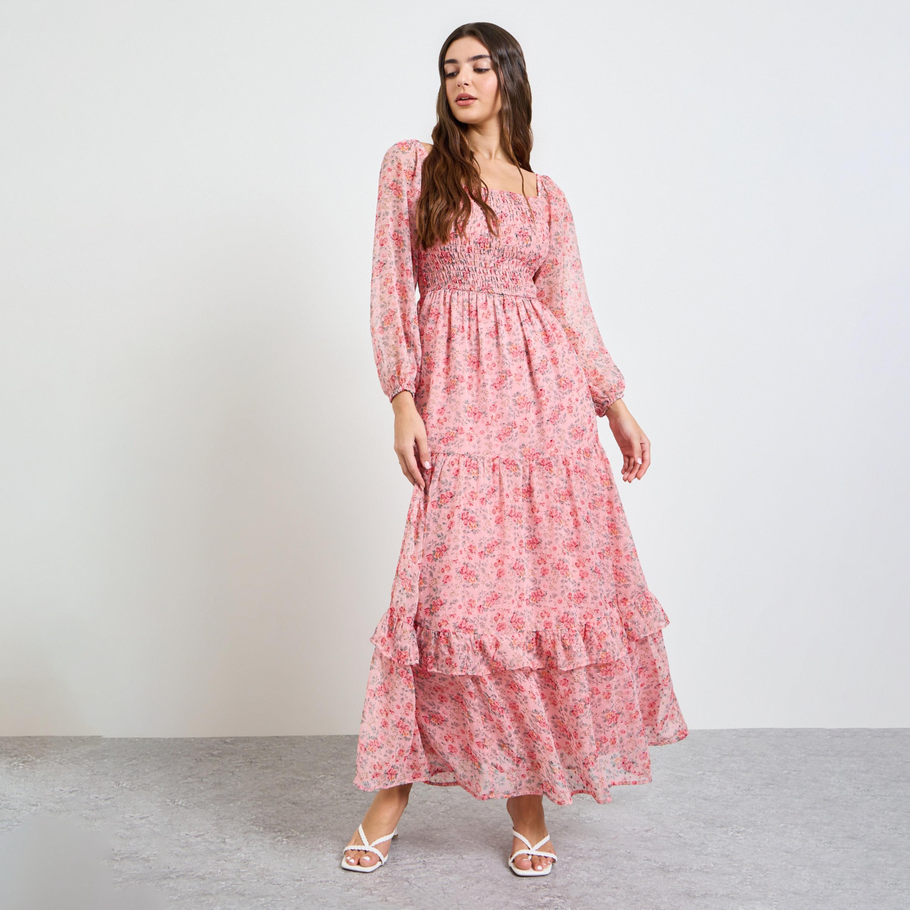 Styli Pink Floral Print Tiered Maxi Dress-women-clothing-dresses-image-1