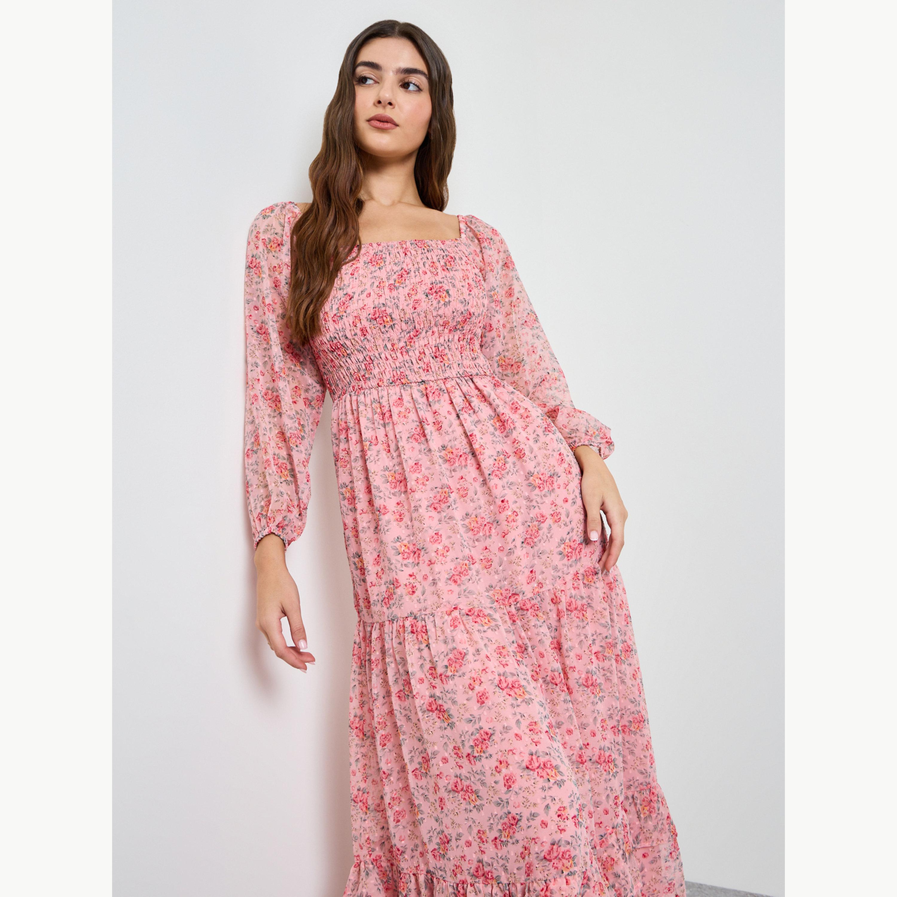 فستان طويل متعدد الطبقات بطبعة زهور-women-clothing-dresses-image-2
