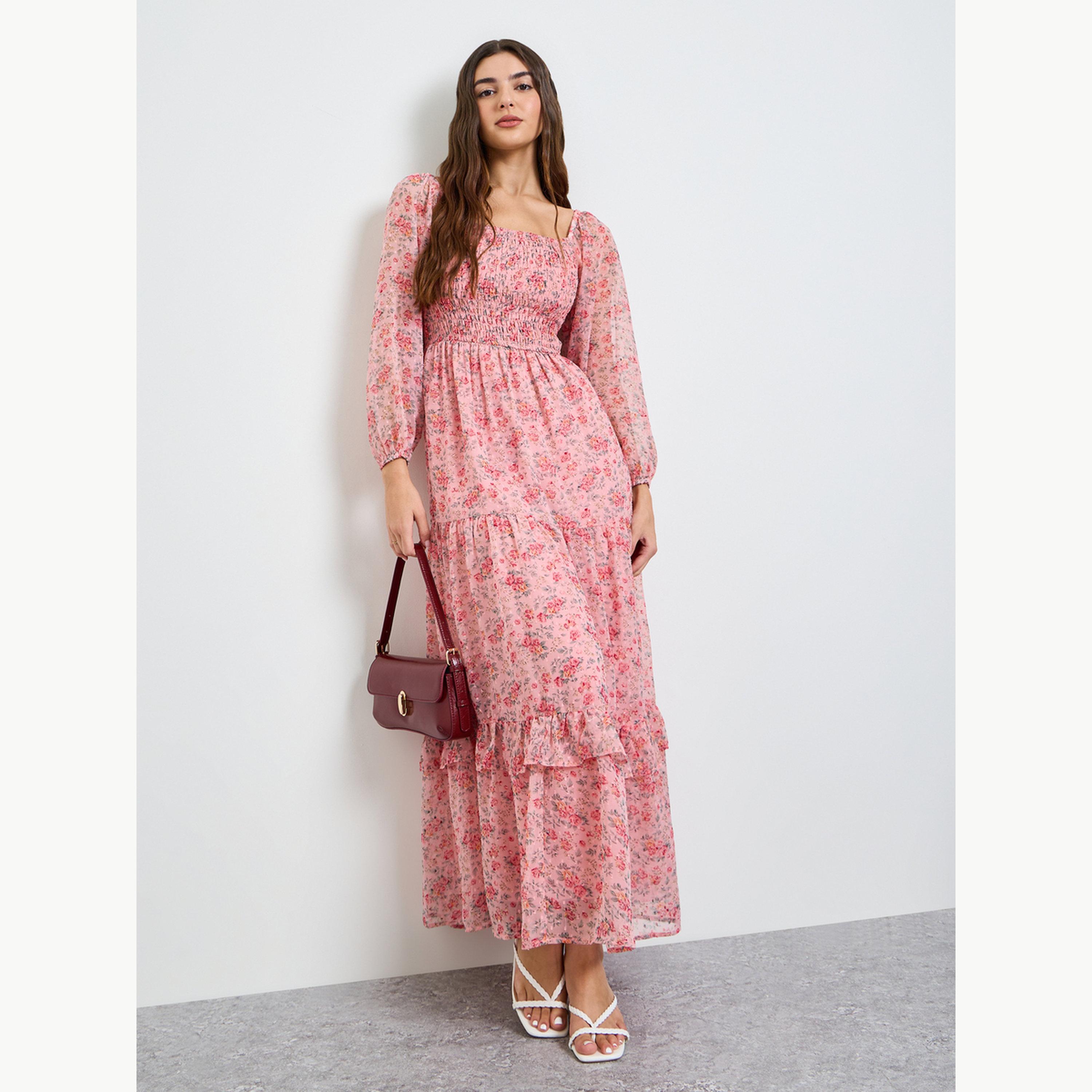 فستان طويل متعدد الطبقات بطبعة زهور-women-clothing-dresses-image-3