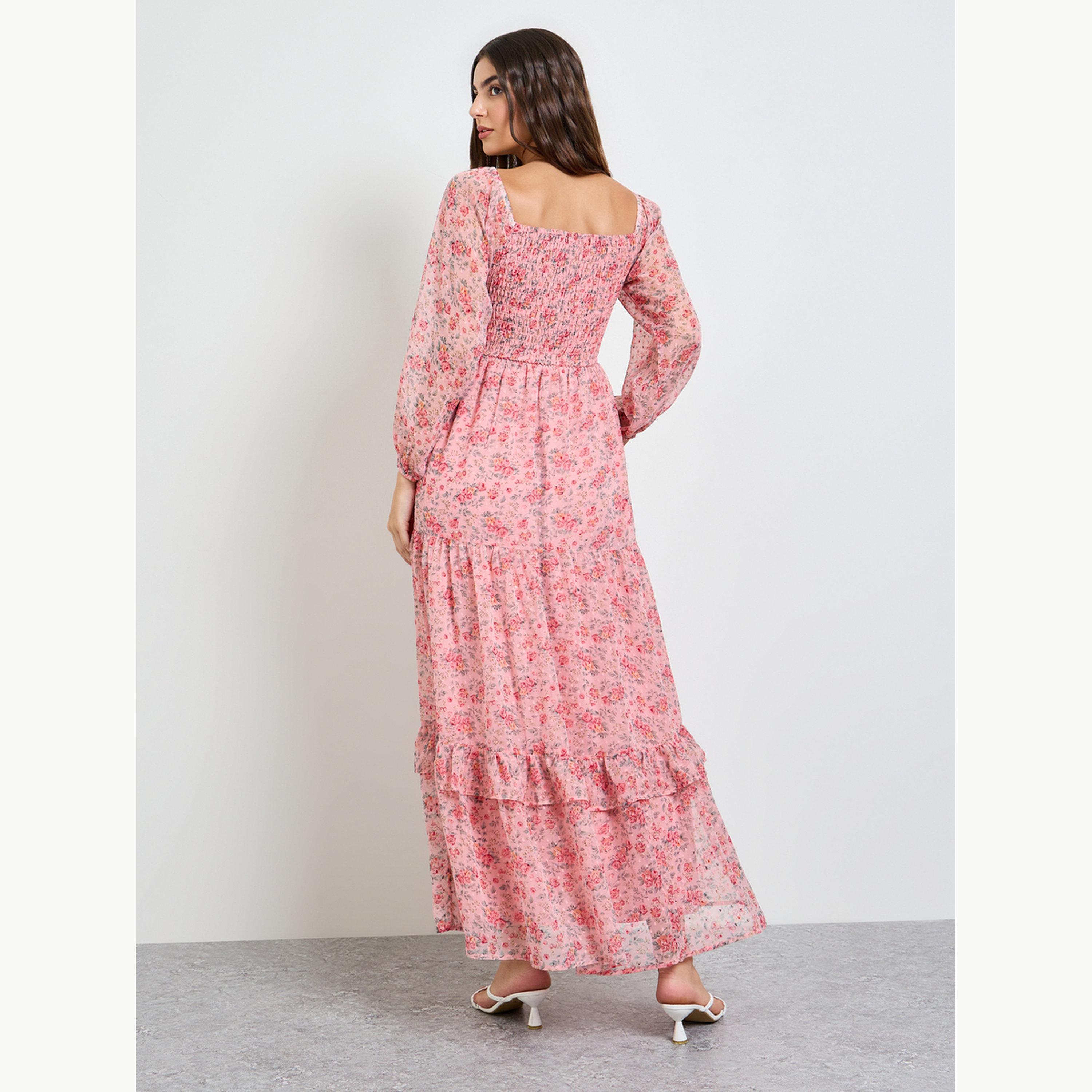 Styli Pink Floral Print Tiered Maxi Dress-women-clothing-dresses-image-4