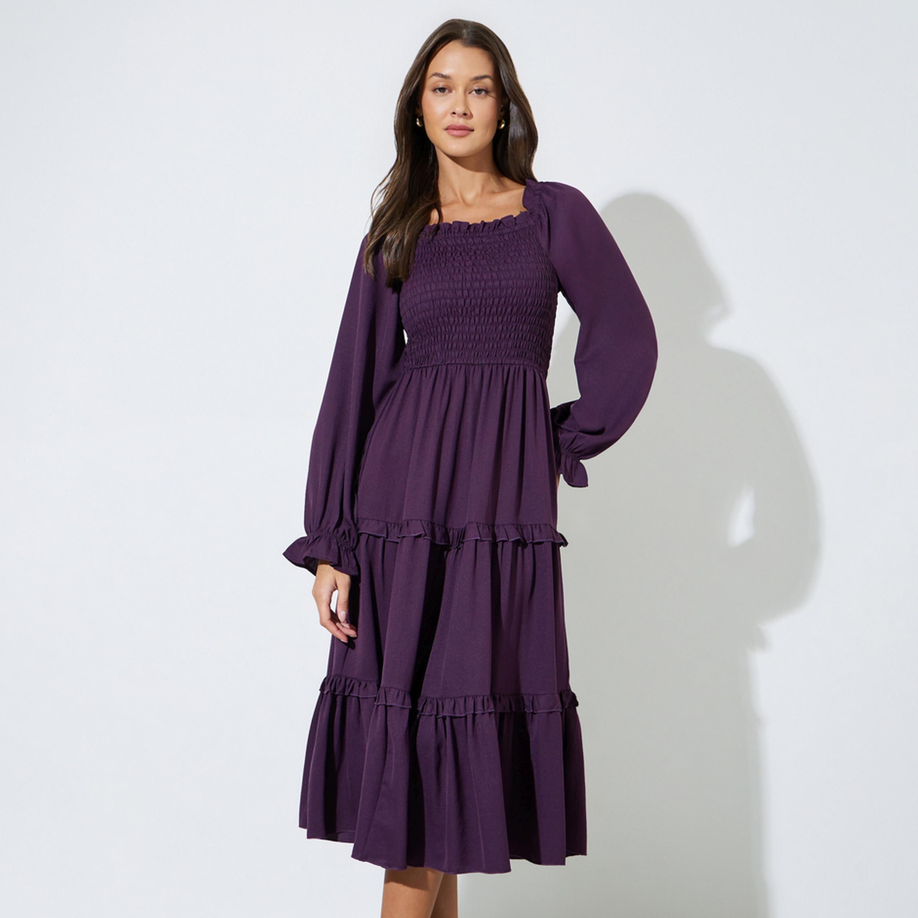 Styli Purple Solid Ruched Detail Tiered Midi Dress-women-clothing-dresses-image-1