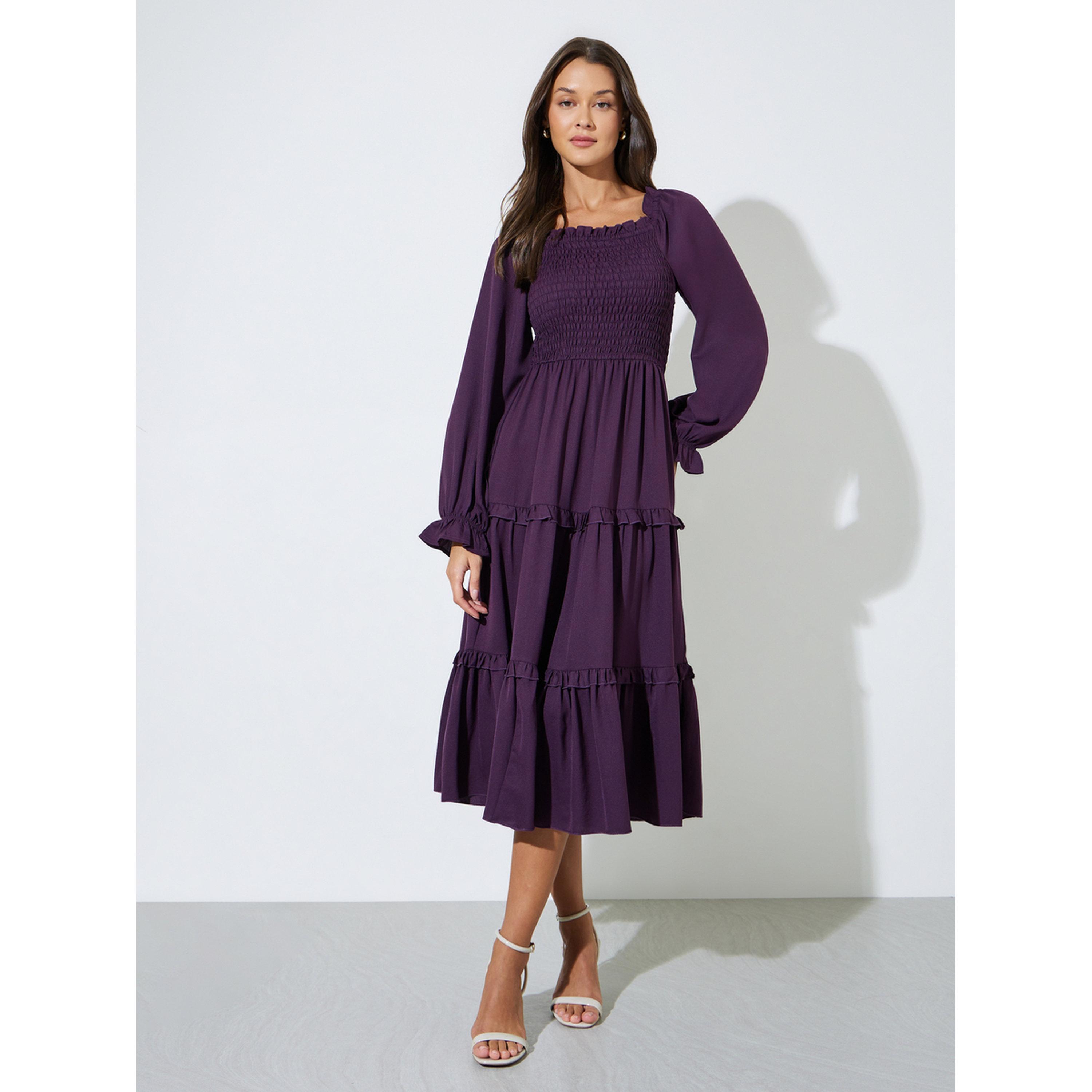 Styli Purple Solid Ruched Detail Tiered Midi Dress-women-clothing-dresses-image-2