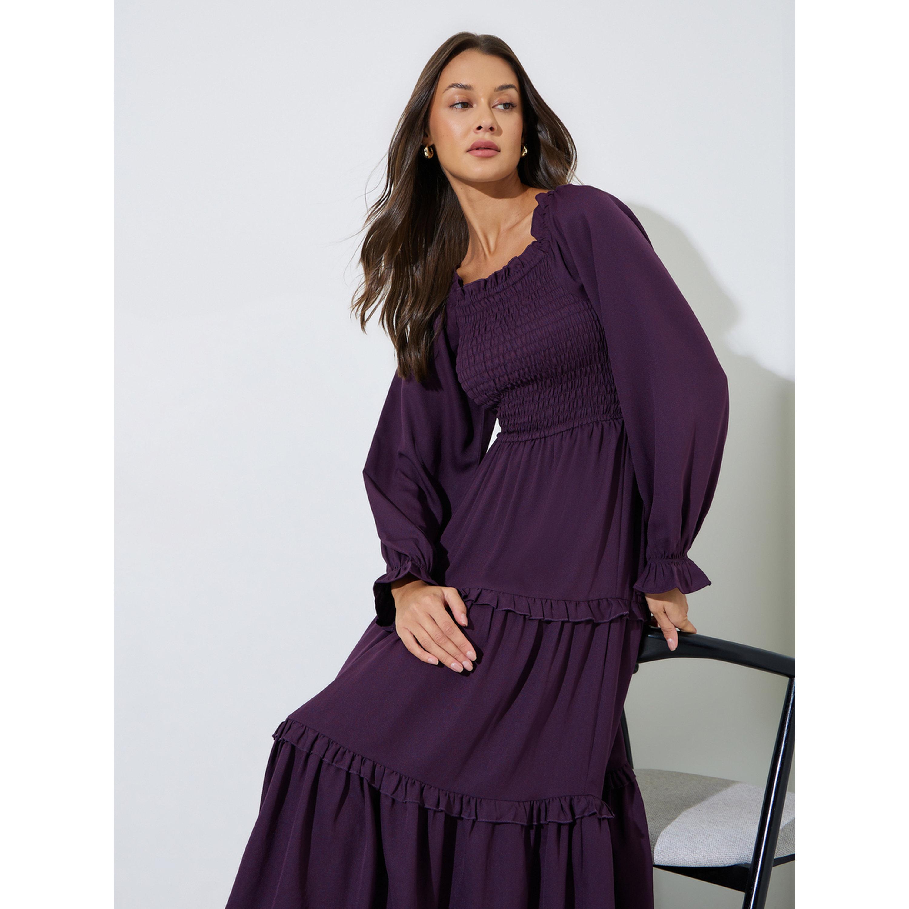 Styli Purple Solid Ruched Detail Tiered Midi Dress-women-clothing-dresses-image-3