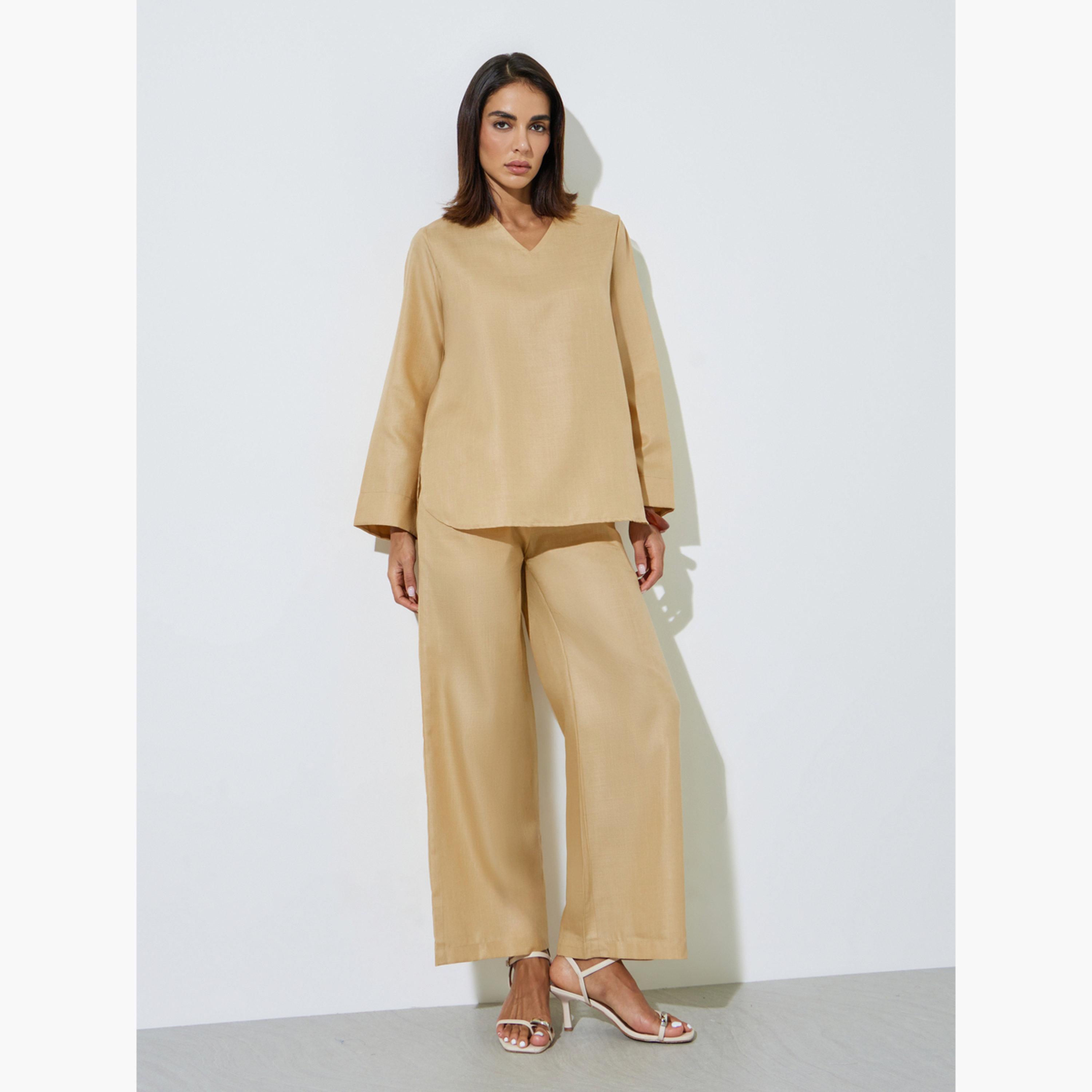 Amirah X Styli Beige Solid V-Neck Top and Wide Leg Pants Set-women-arabicclothing-sets-image-1