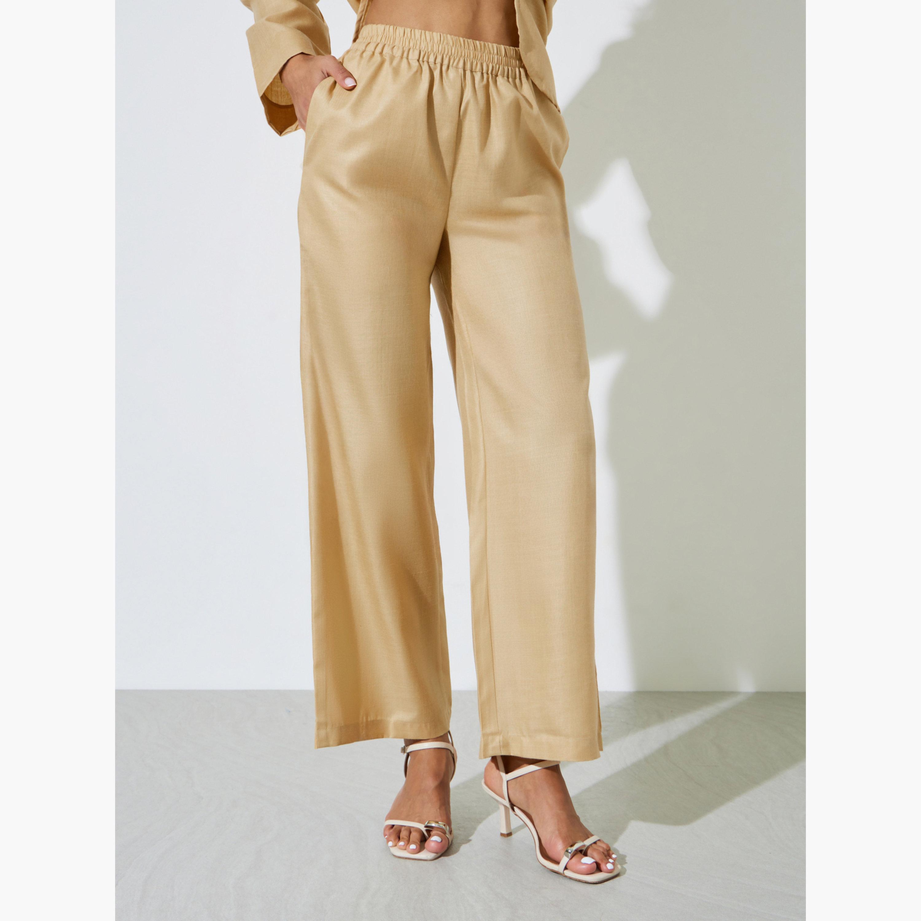 Amirah X Styli Beige Solid V-Neck Top and Wide Leg Pants Set-women-arabicclothing-sets-image-4