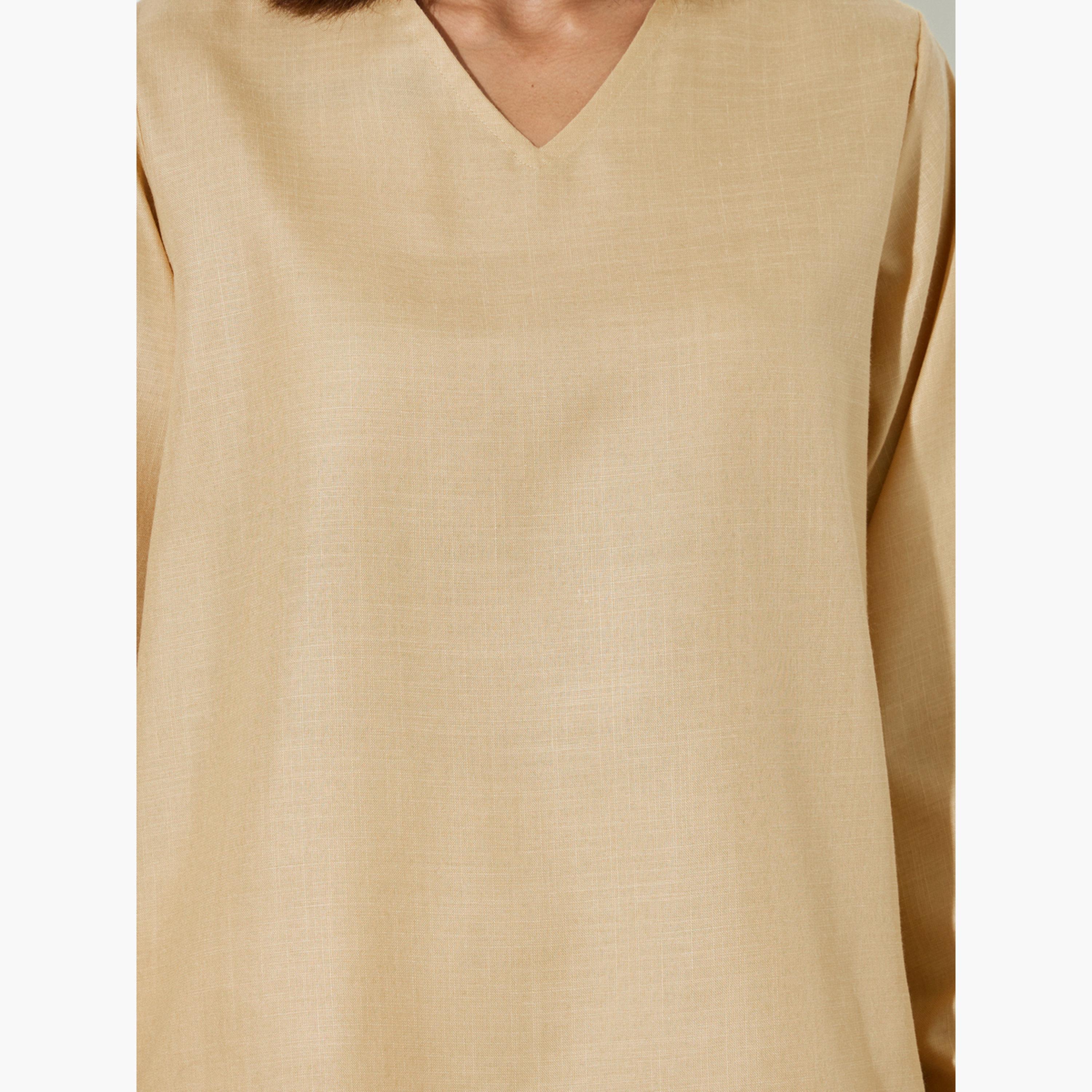 Amirah X Styli Beige Solid V-Neck Top and Wide Leg Pants Set-women-arabicclothing-sets-image-5