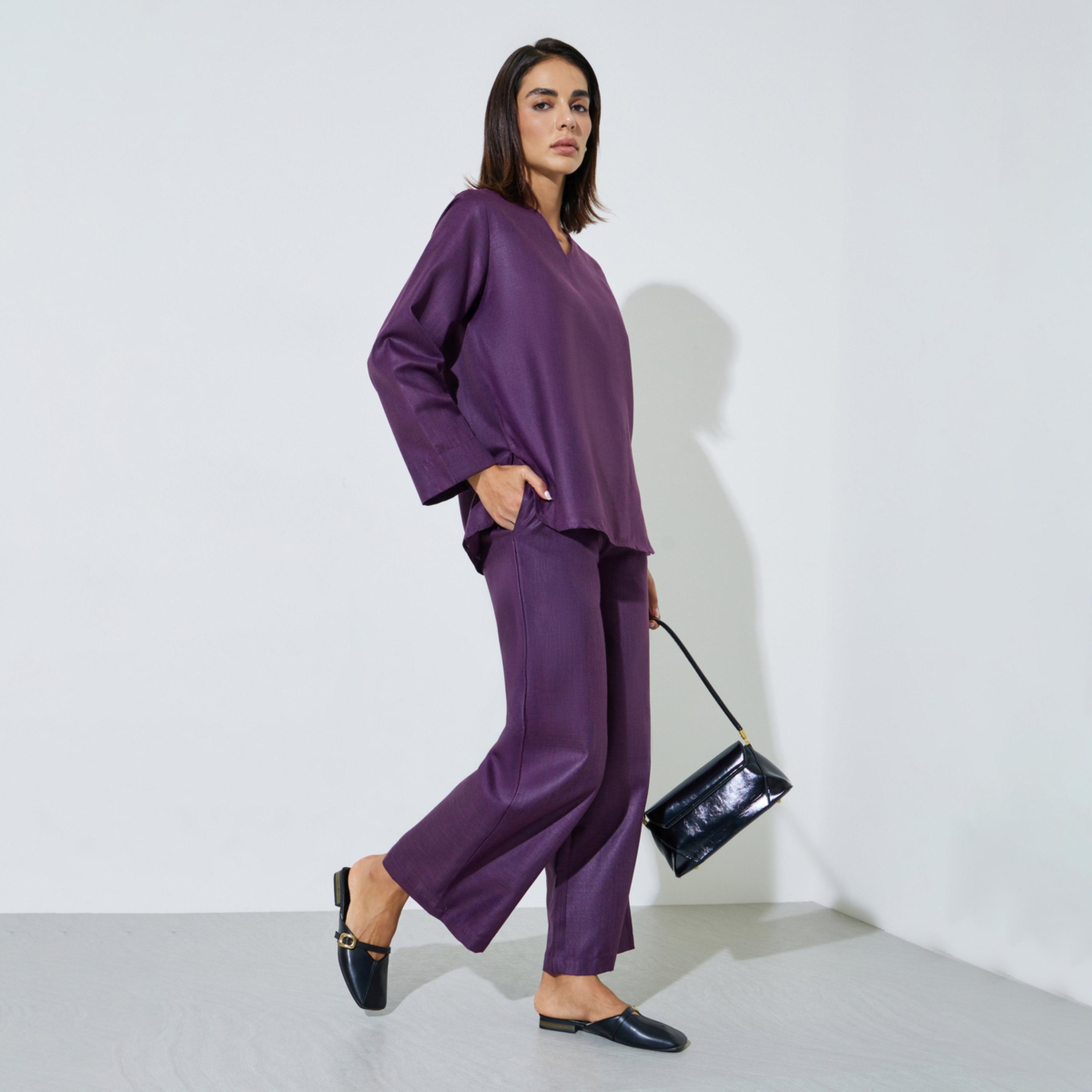 Amirah X Styli Purple Solid V-Neck Top and Wide Leg Pants Set-women-arabicclothing-sets-image-1