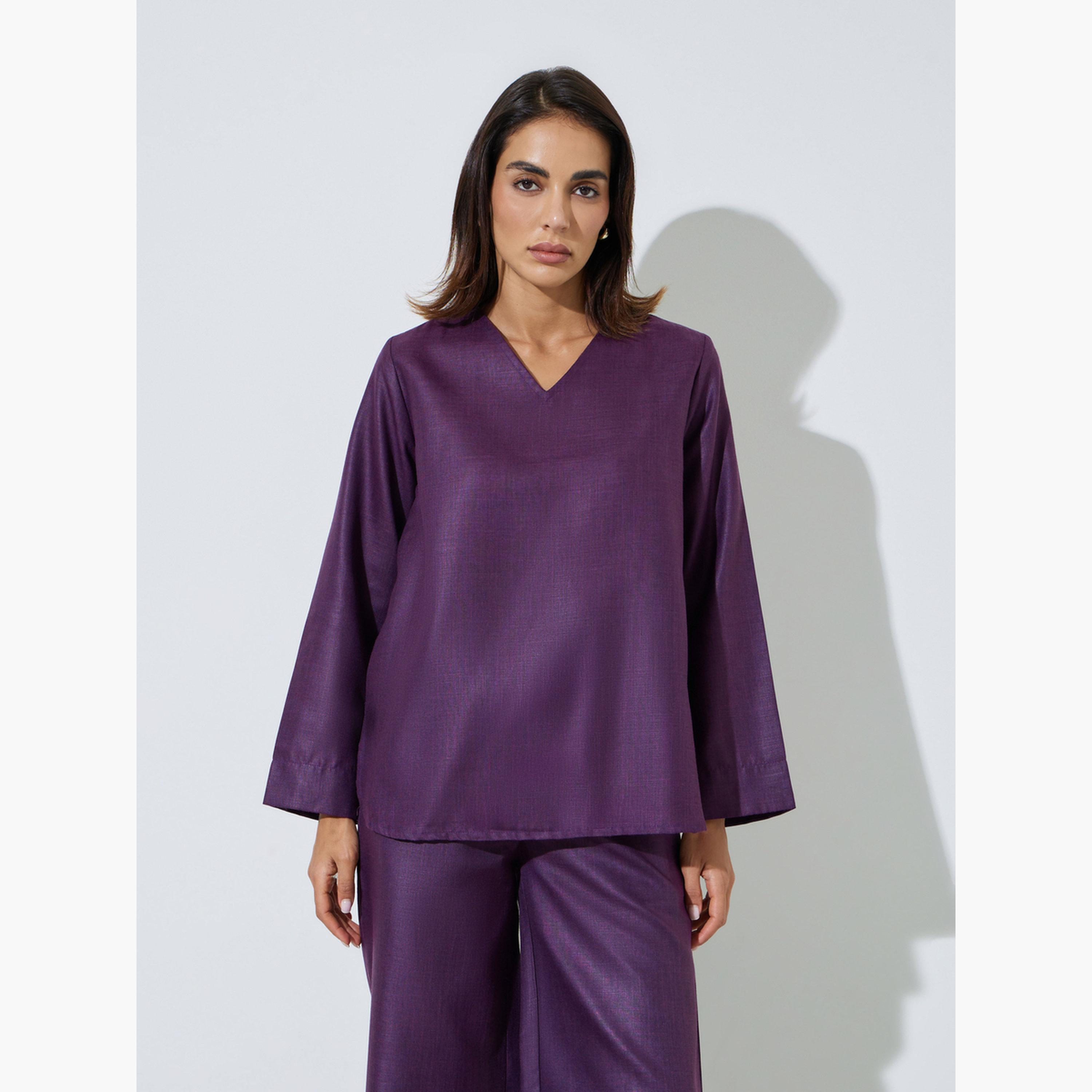 Amirah X Styli Purple Solid V-Neck Top and Wide Leg Pants Set-women-arabicclothing-sets-image-2