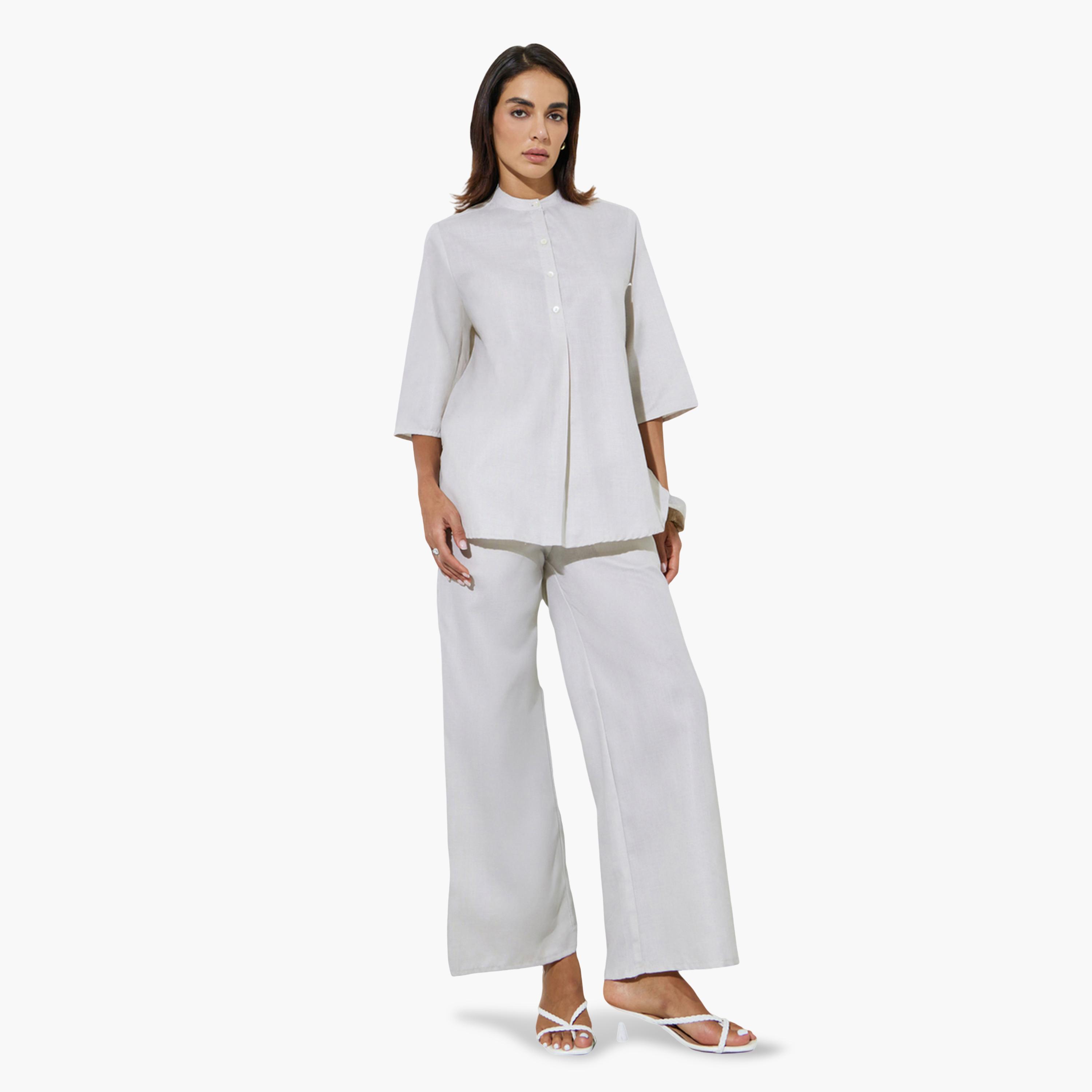 Amirah X Styli Grey Solid Stand Collar Top and Wide Leg Trousers Modest Set-women-arabicclothing-sets-image-1
