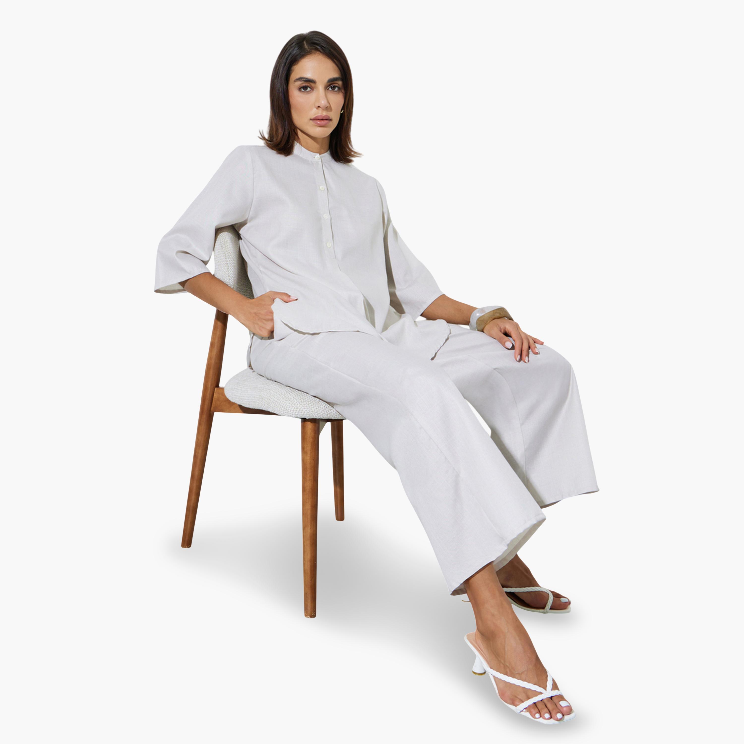 Amirah X Styli Grey Solid Stand Collar Top and Wide Leg Trousers Modest Set-women-arabicclothing-sets-image-2