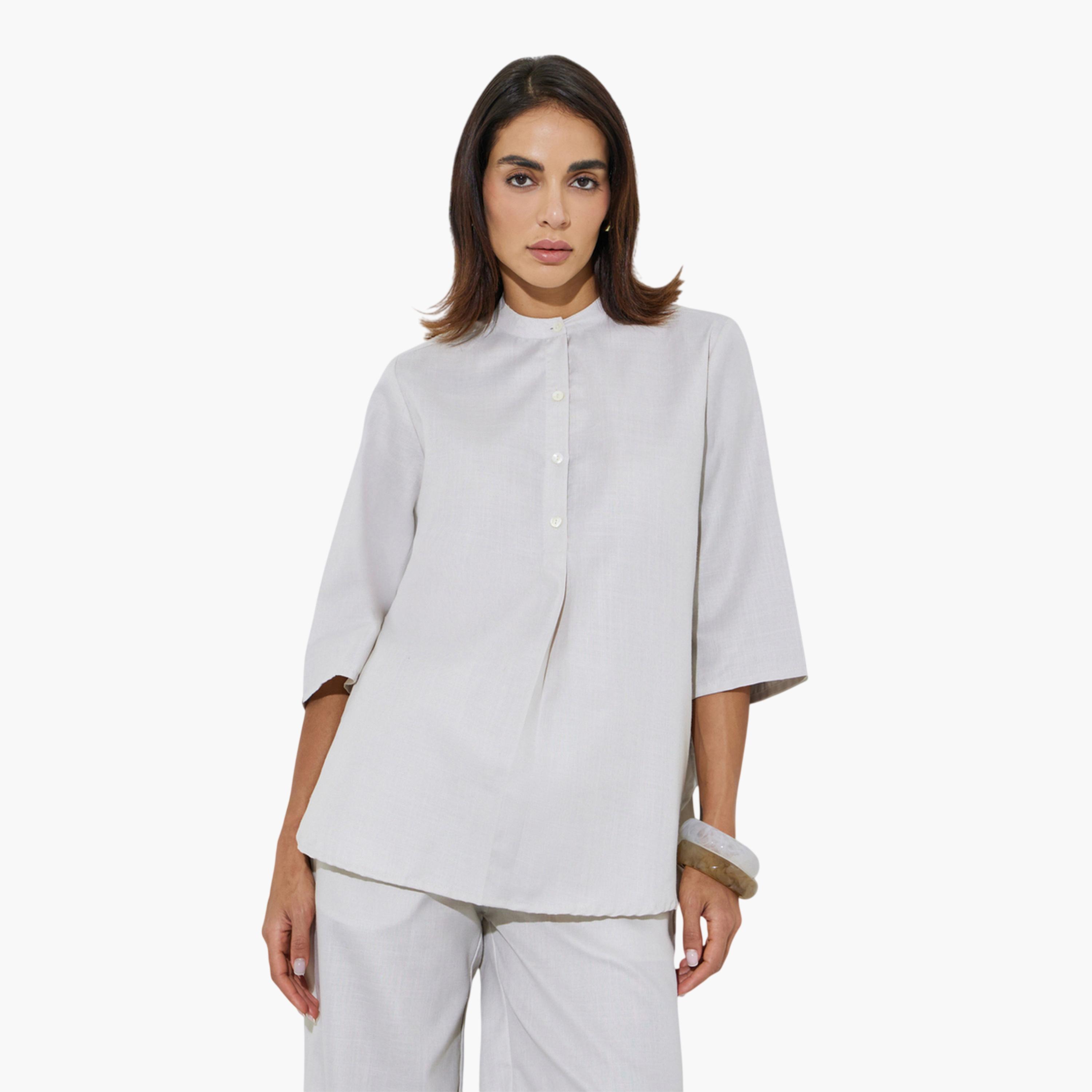 Amirah X Styli Grey Solid Stand Collar Top and Wide Leg Trousers Modest Set-women-arabicclothing-sets-image-3