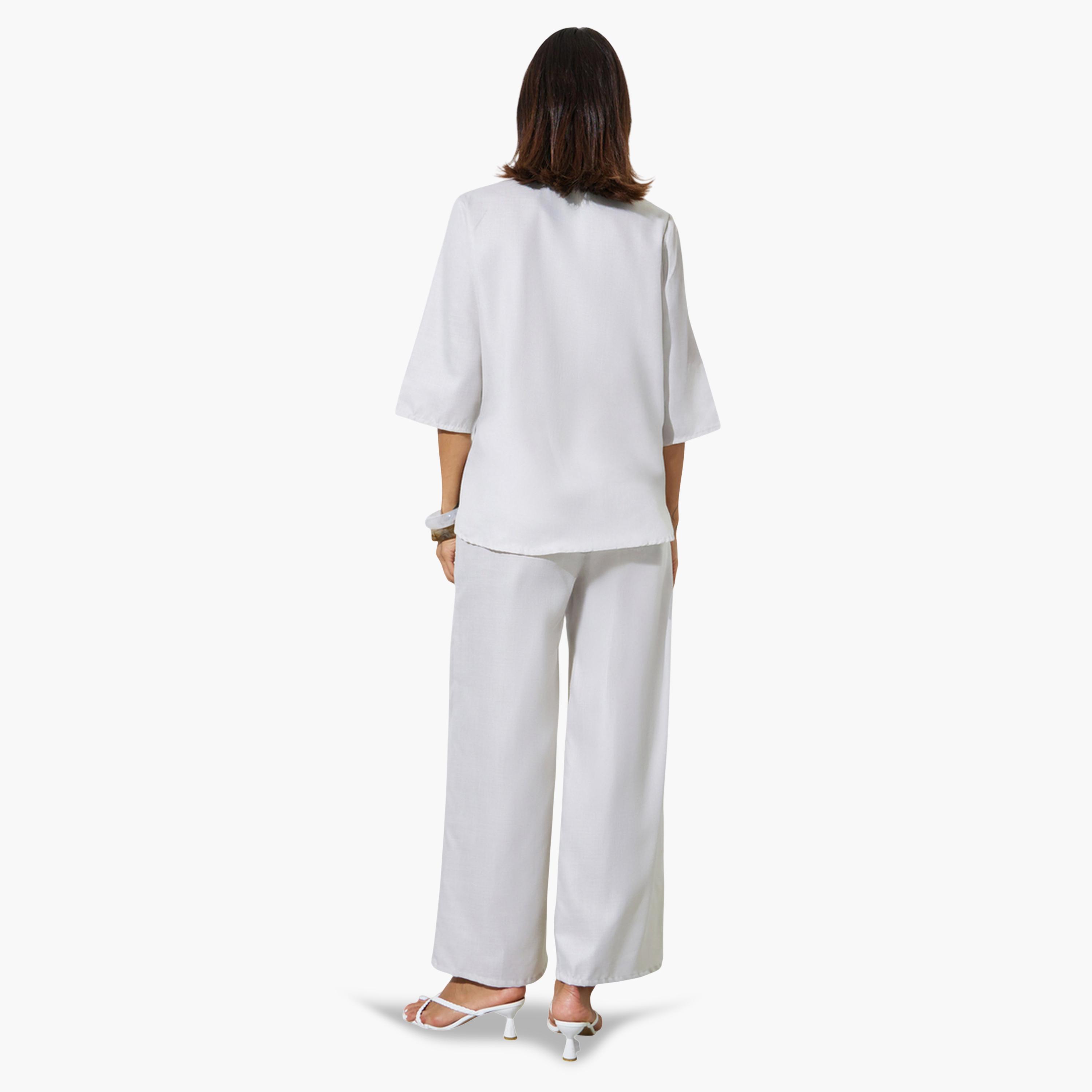 Amirah X Styli Grey Solid Stand Collar Top and Wide Leg Trousers Modest Set-women-arabicclothing-sets-image-4