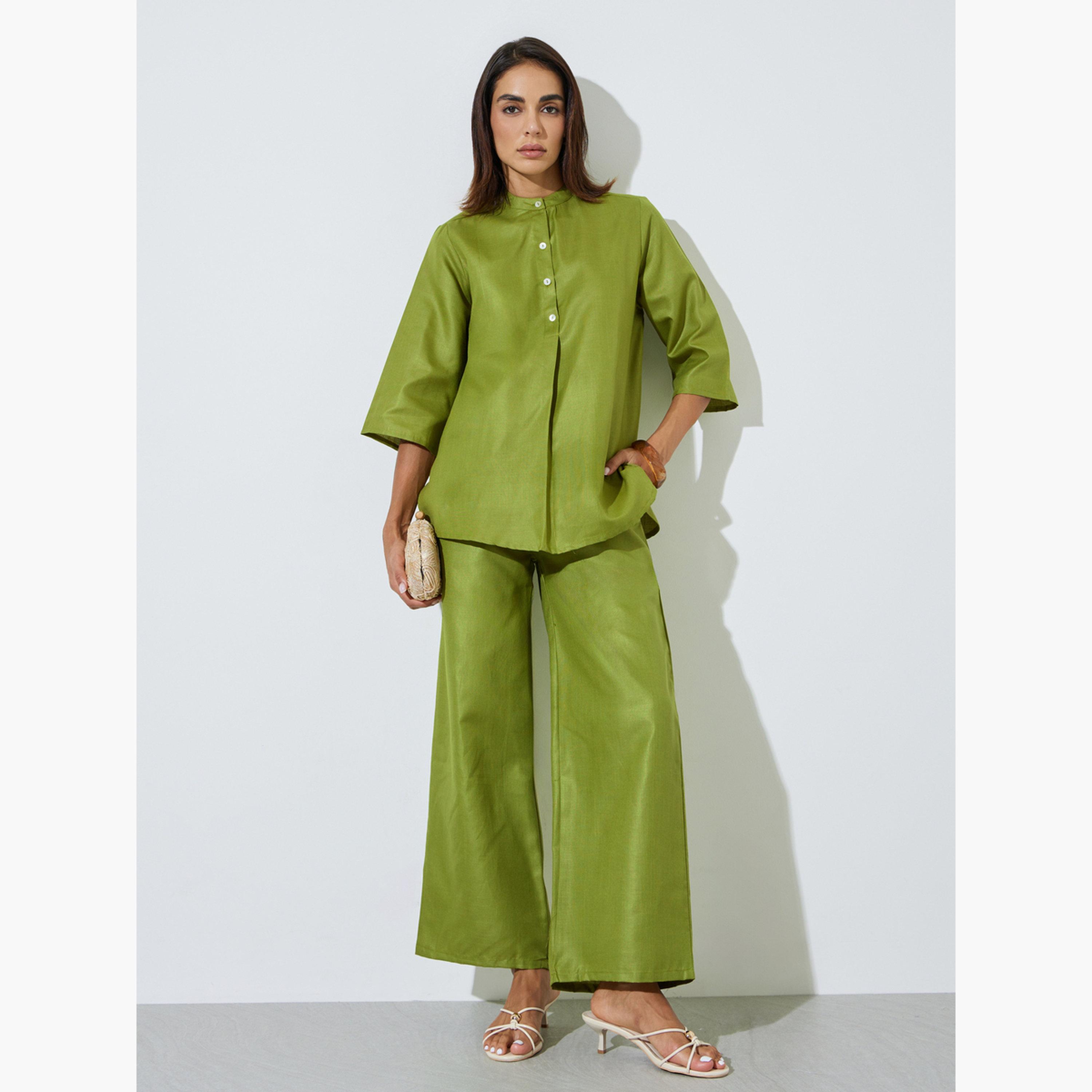 Amirah X Styli Green Solid Stand Collar Top and Wide Leg Trousers Modest Set-women-arabicclothing-sets-image-1