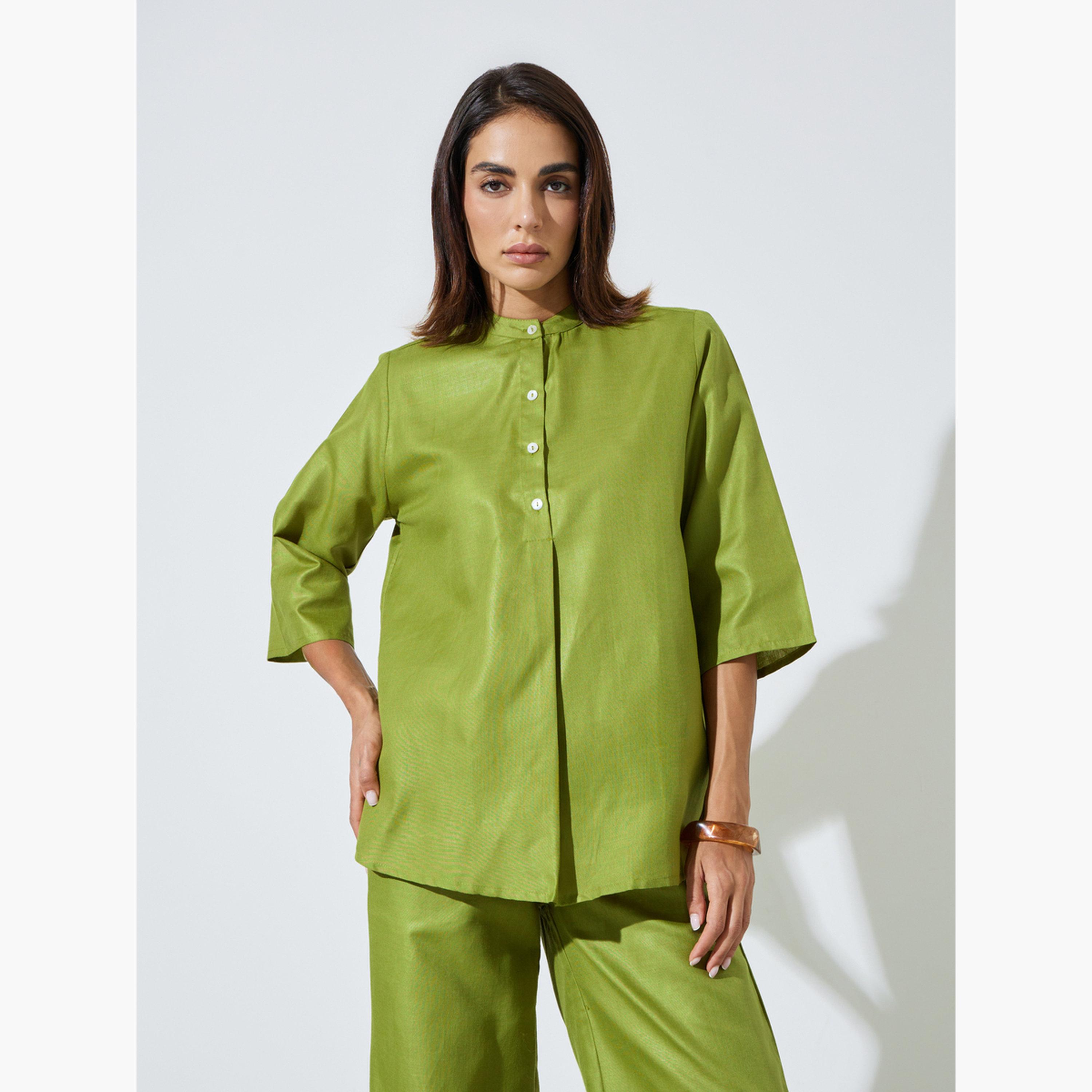 Amirah X Styli Green Solid Stand Collar Top and Wide Leg Trousers Modest Set-women-arabicclothing-sets-image-2