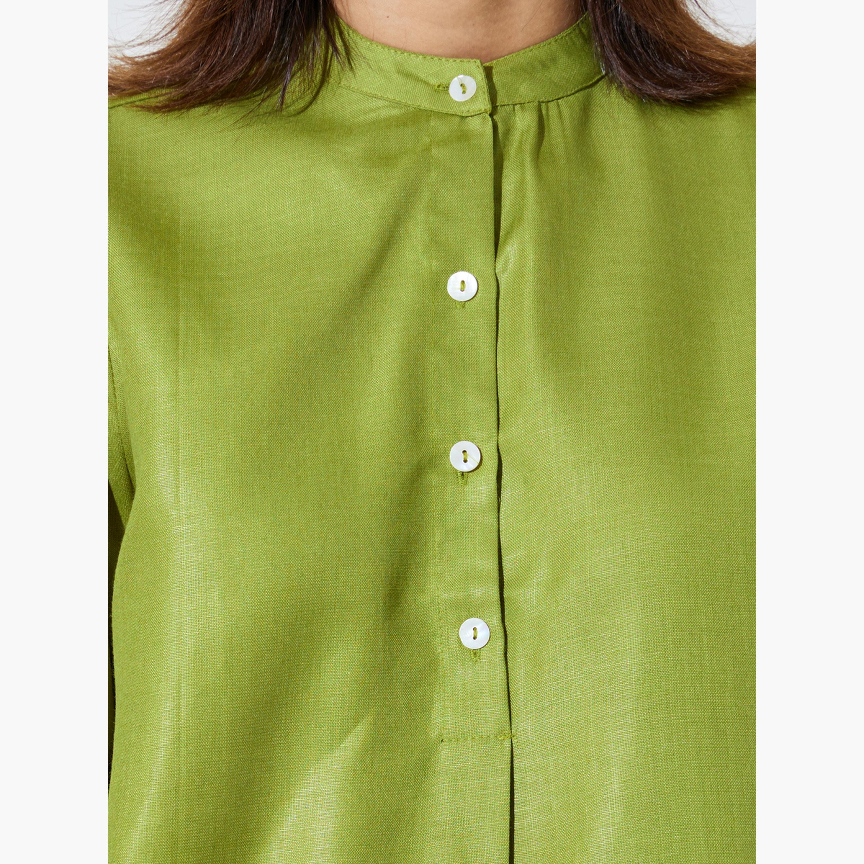 Amirah X Styli Green Solid Stand Collar Top and Wide Leg Trousers Modest Set-women-arabicclothing-sets-image-5