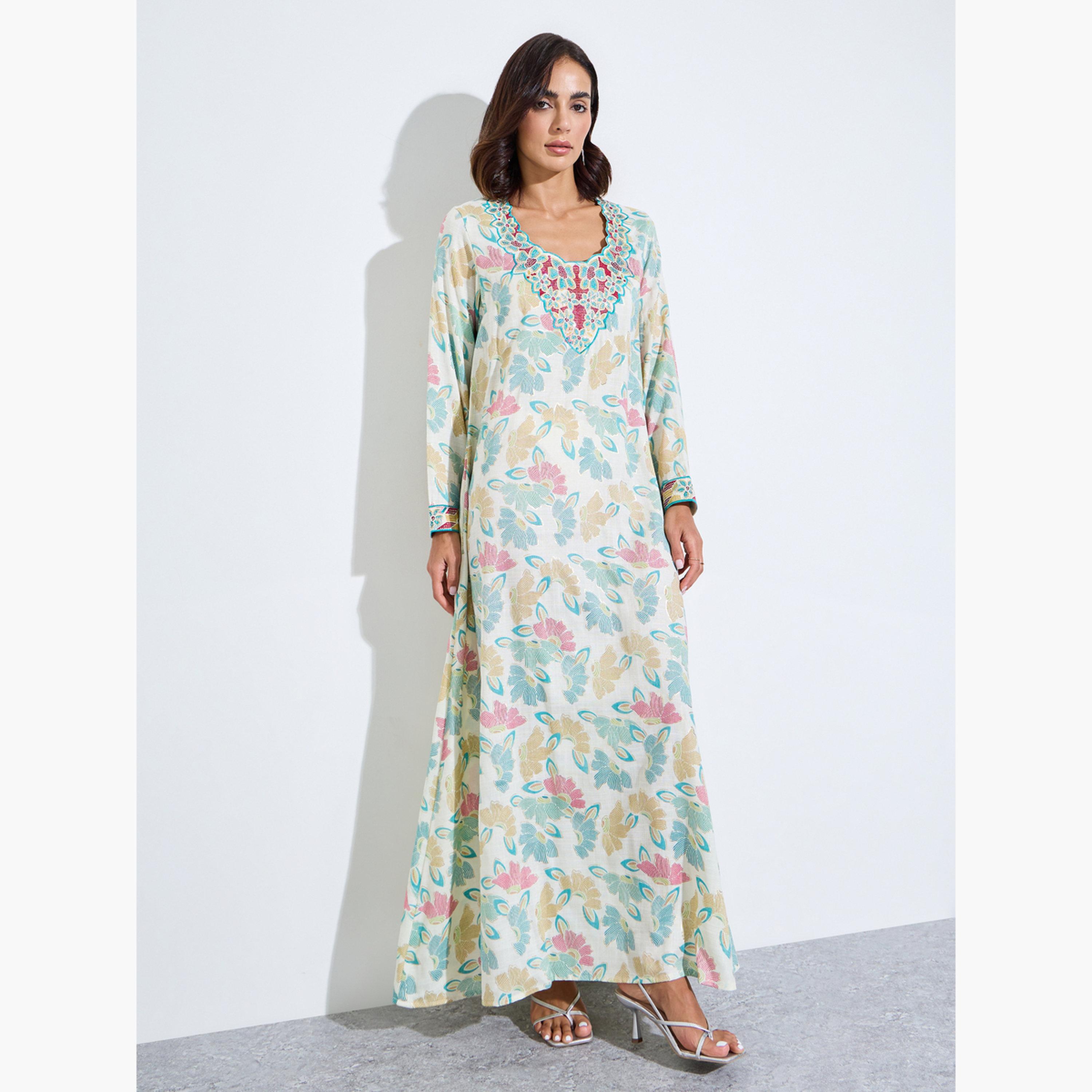 Amirah X Styli Green All Over Print Mukhawar Style Jalabiya-women-arabicclothing-jalabiyas-image-1