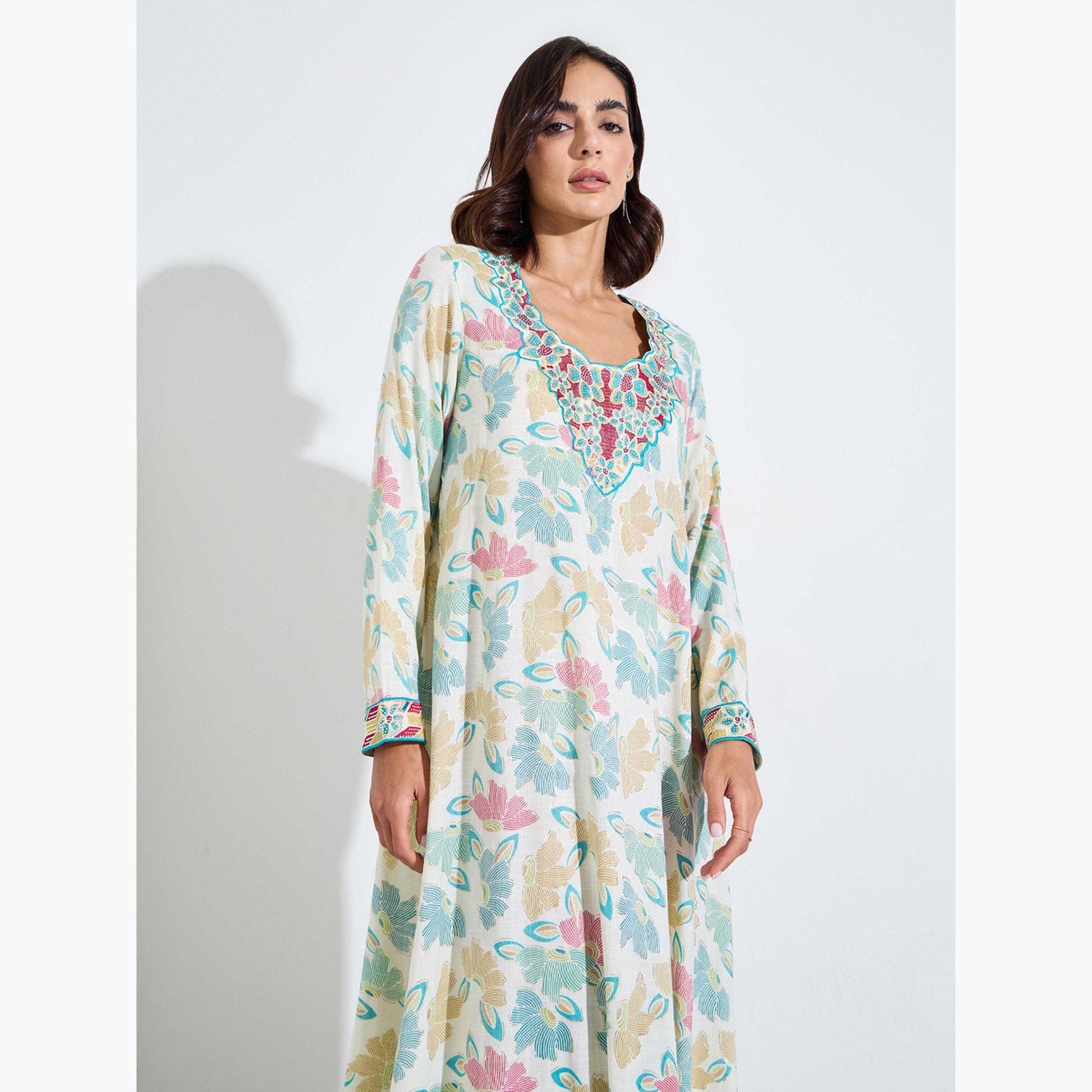 Amirah X Styli Green All Over Print Mukhawar Style Jalabiya-women-arabicclothing-jalabiyas-image-2