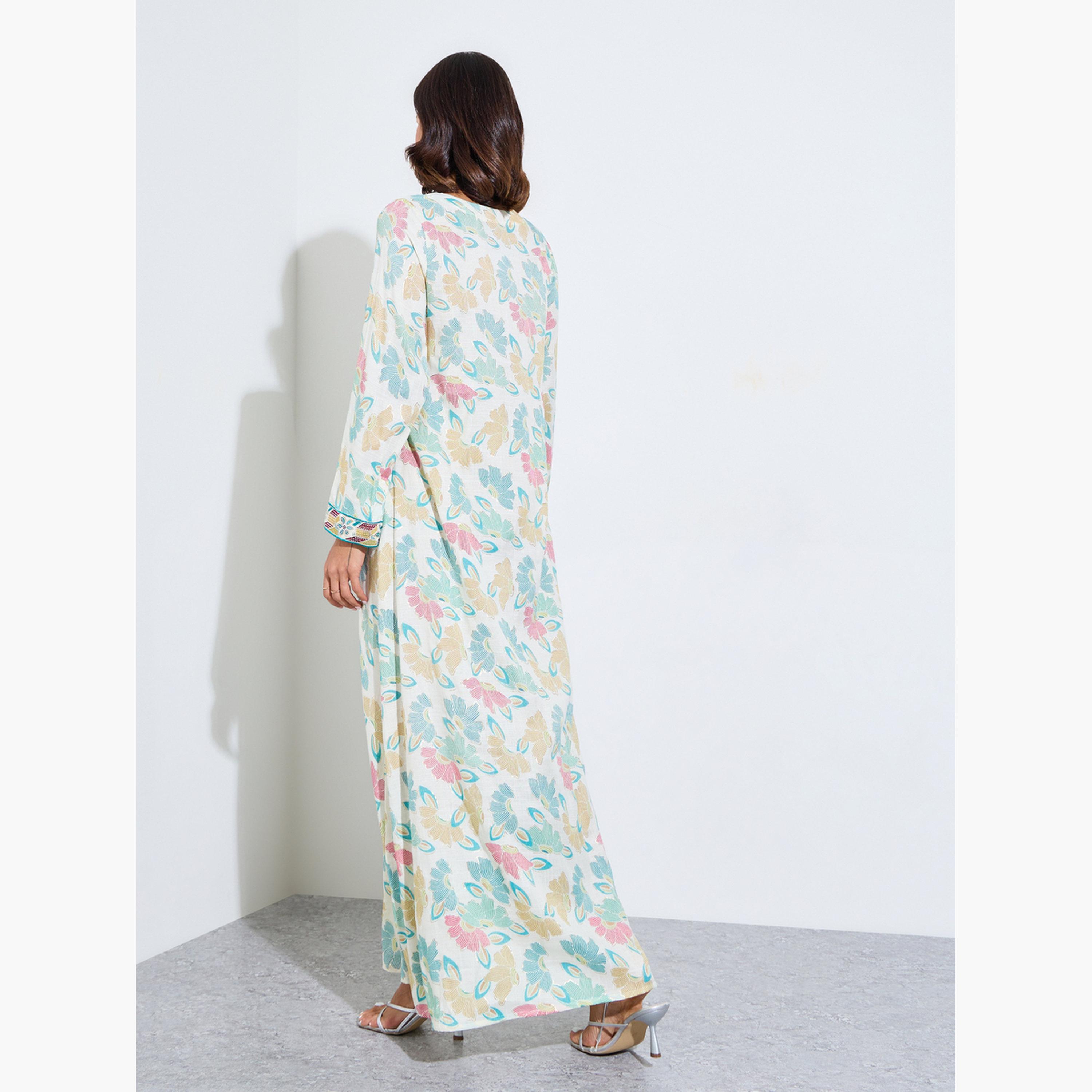 Amirah X Styli Green All Over Print Mukhawar Style Jalabiya-women-arabicclothing-jalabiyas-image-3