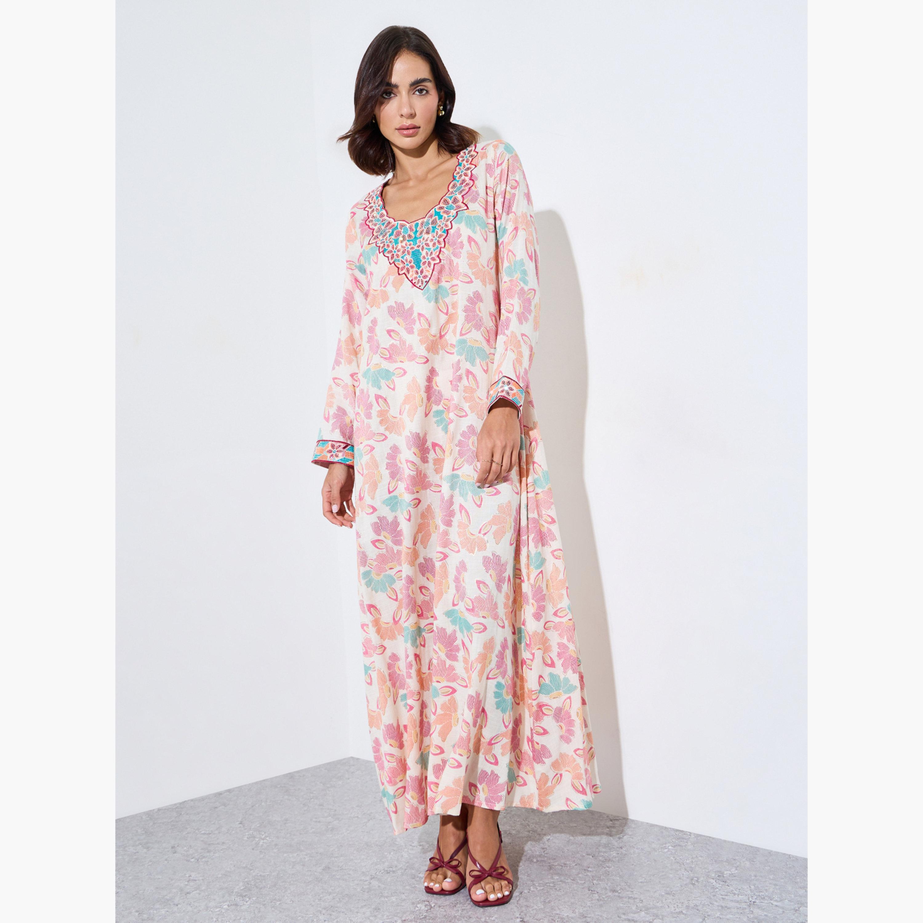 Amirah X Styli Pink All Over Print Mukhawar Style Jalabiya-women-arabicclothing-jalabiyas-image-1
