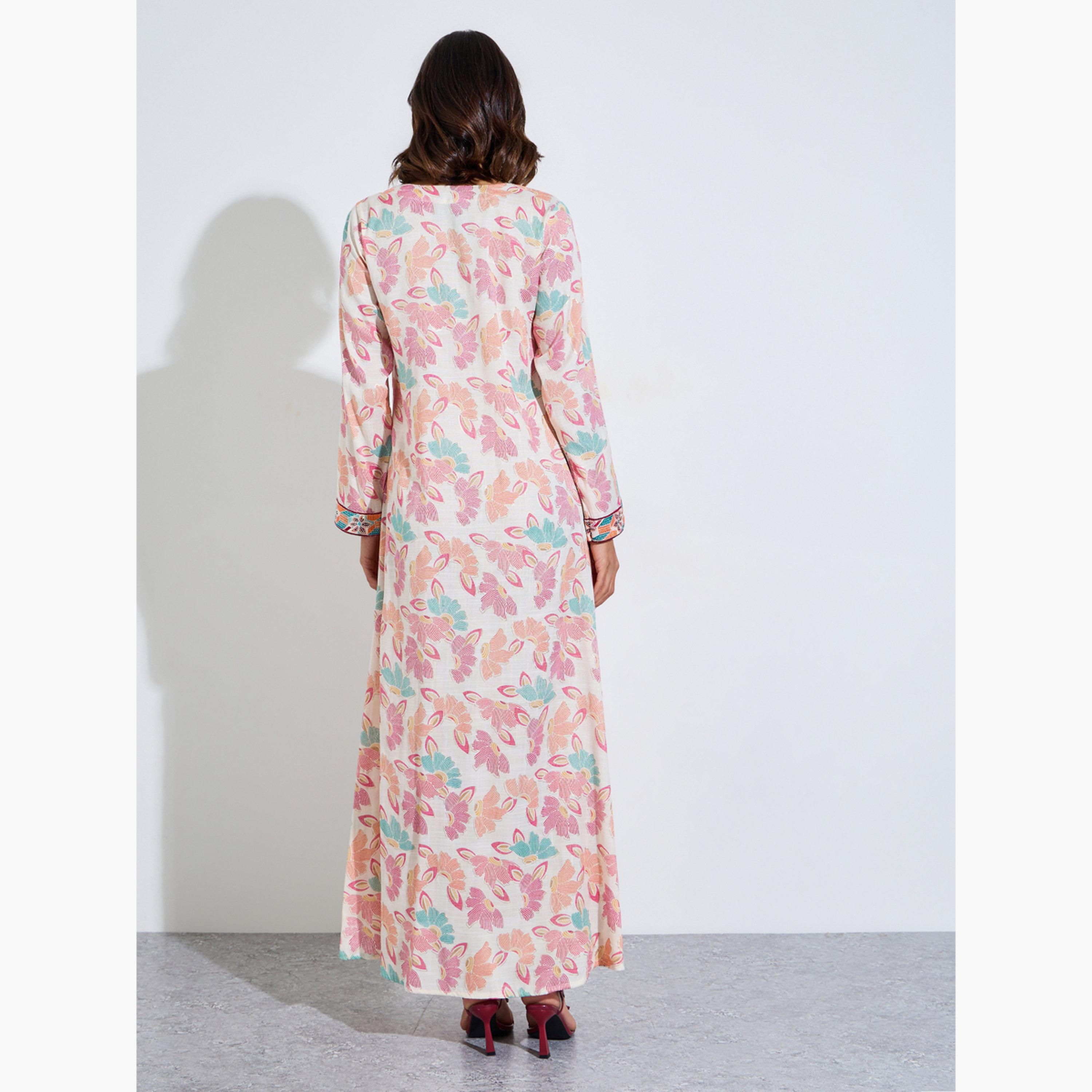 Amirah X Styli Pink All Over Print Mukhawar Style Jalabiya-women-arabicclothing-jalabiyas-image-3