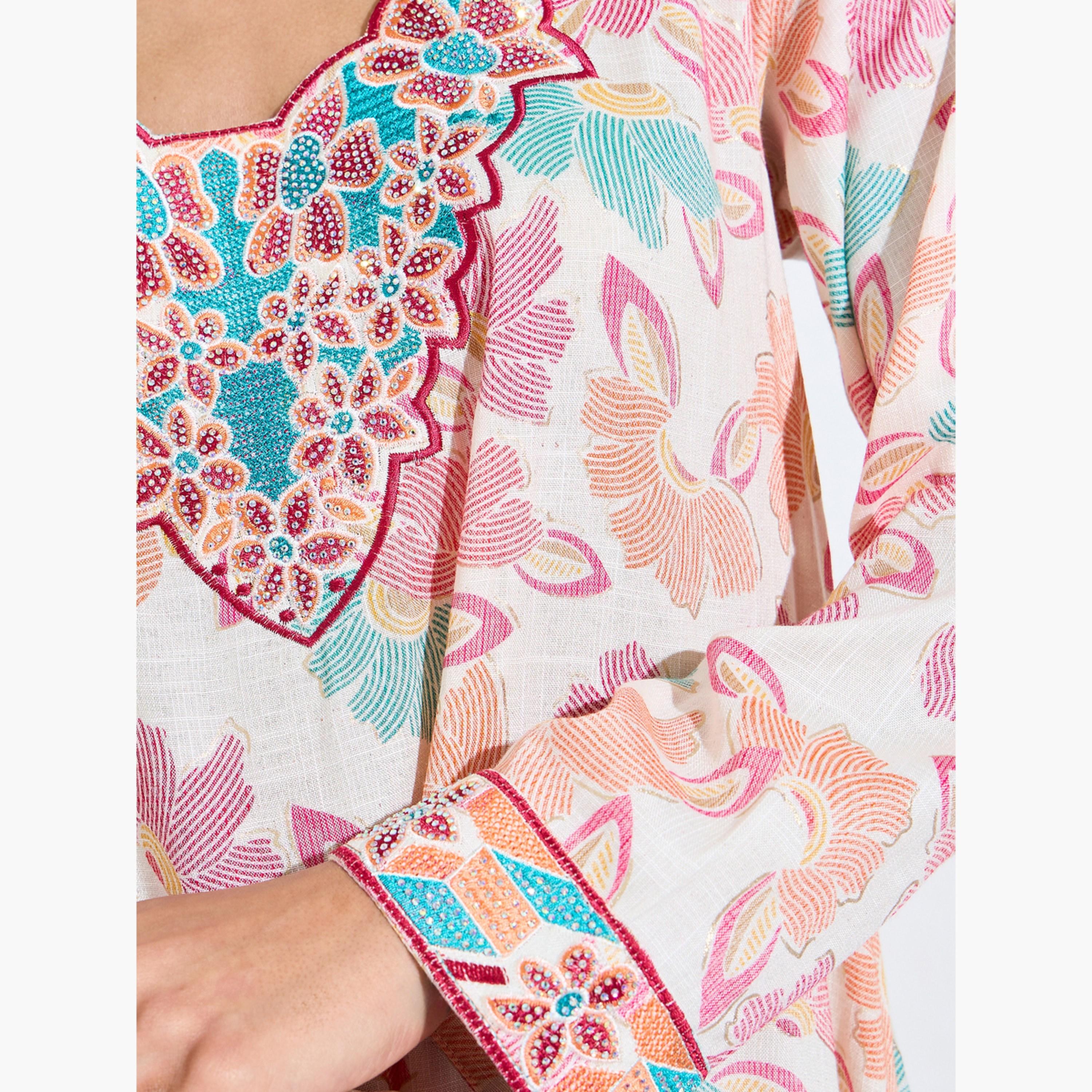 Amirah X Styli Pink All Over Print Mukhawar Style Jalabiya-women-arabicclothing-jalabiyas-image-4