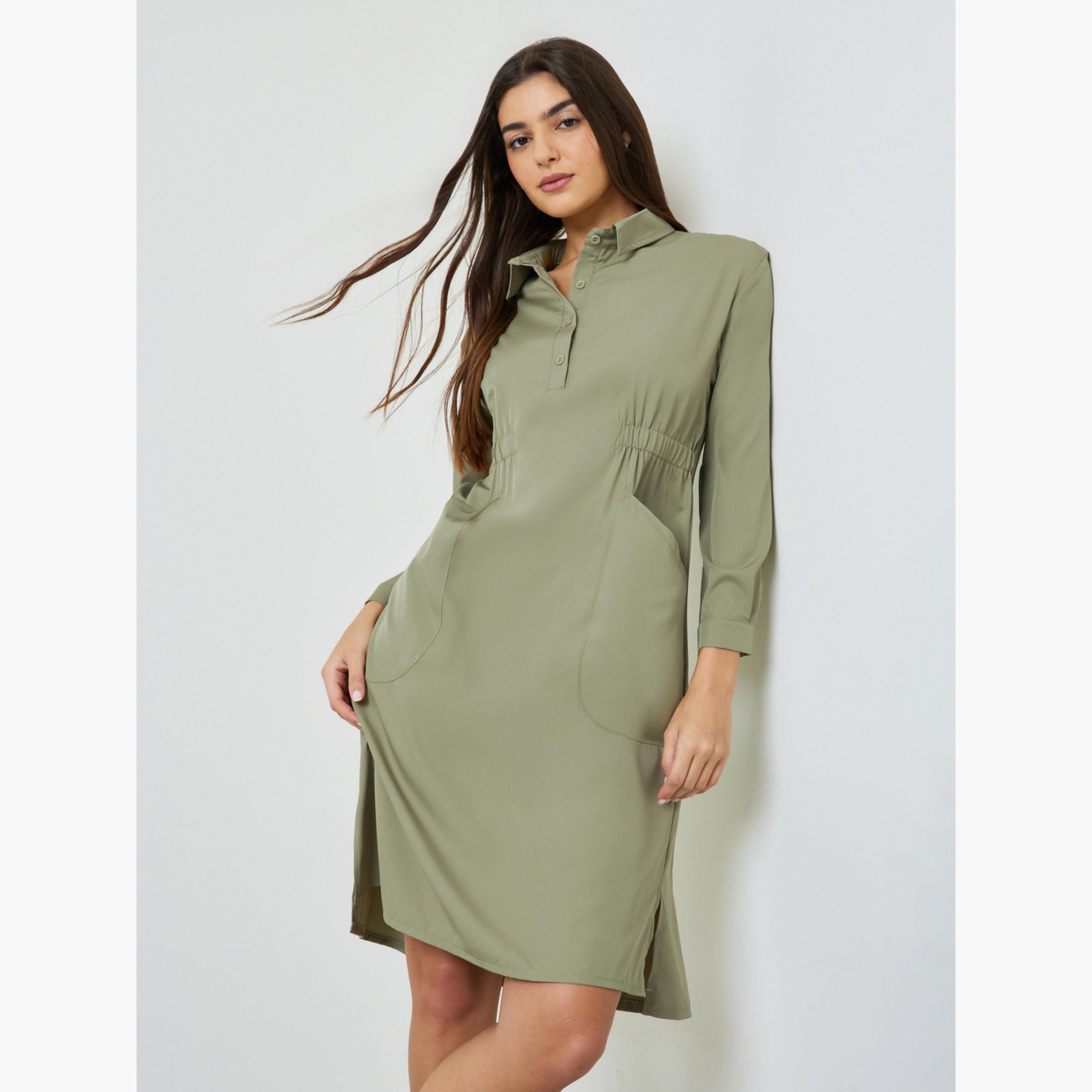 فستان بنمط قميص بطول الركبة وتفاصيل مزمومة بمقاس كبير-women-clothing-dresses-image-1