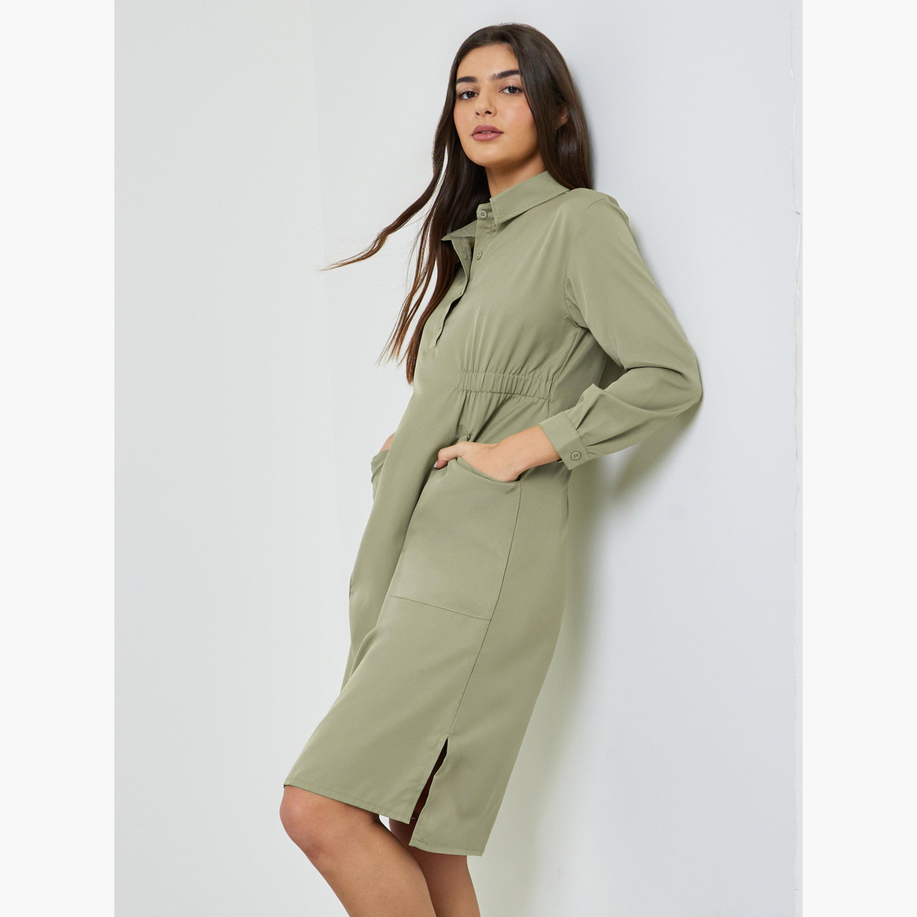 فستان بنمط قميص بطول الركبة وتفاصيل مزمومة بمقاس كبير-women-clothing-dresses-image-3