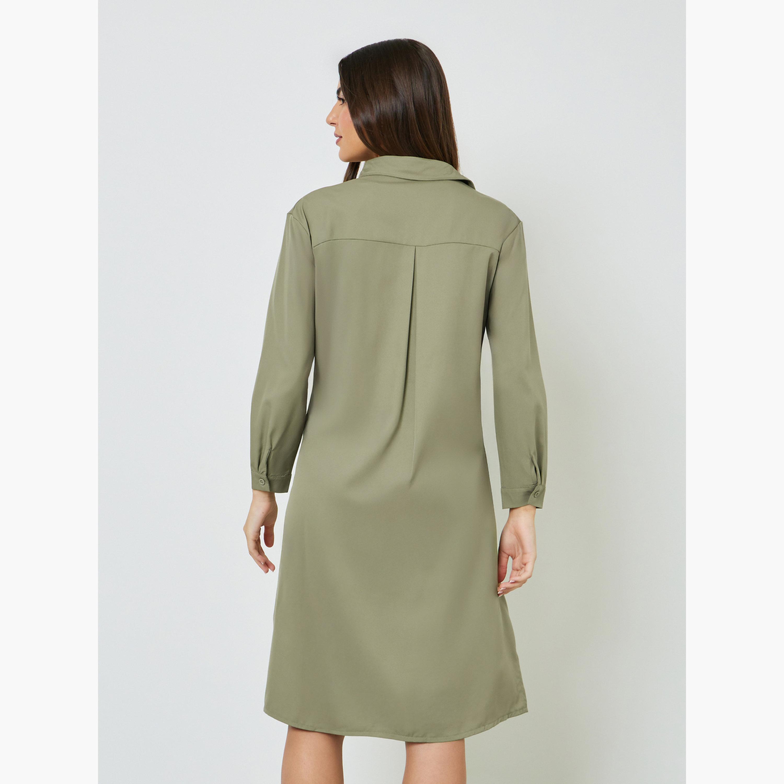 فستان بنمط قميص بطول الركبة وتفاصيل مزمومة بمقاس كبير-women-clothing-dresses-image-4