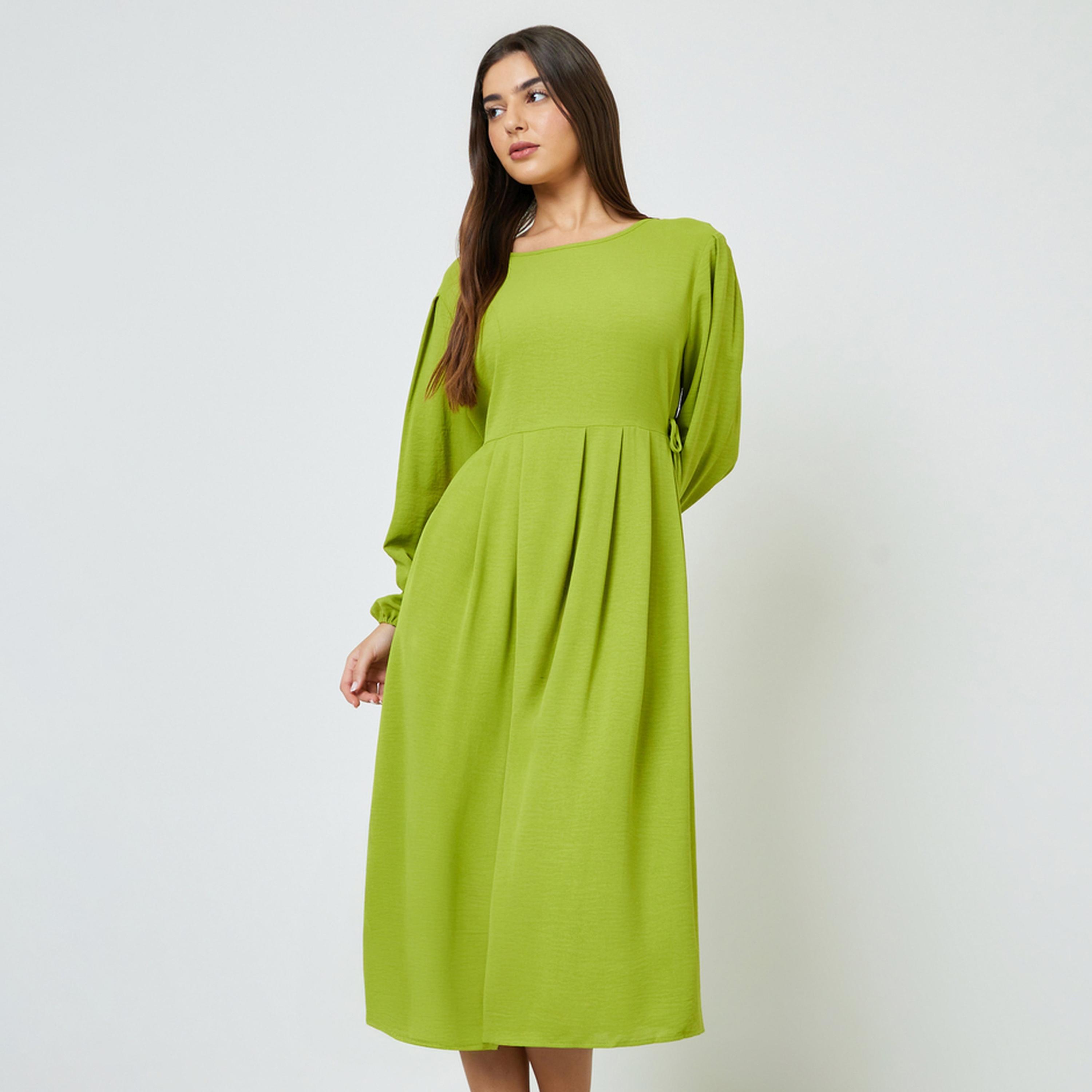Take Two Green Solid Tie-Up Waist Pleated A-Line Midi Dress-women-clothing-dresses-image-1