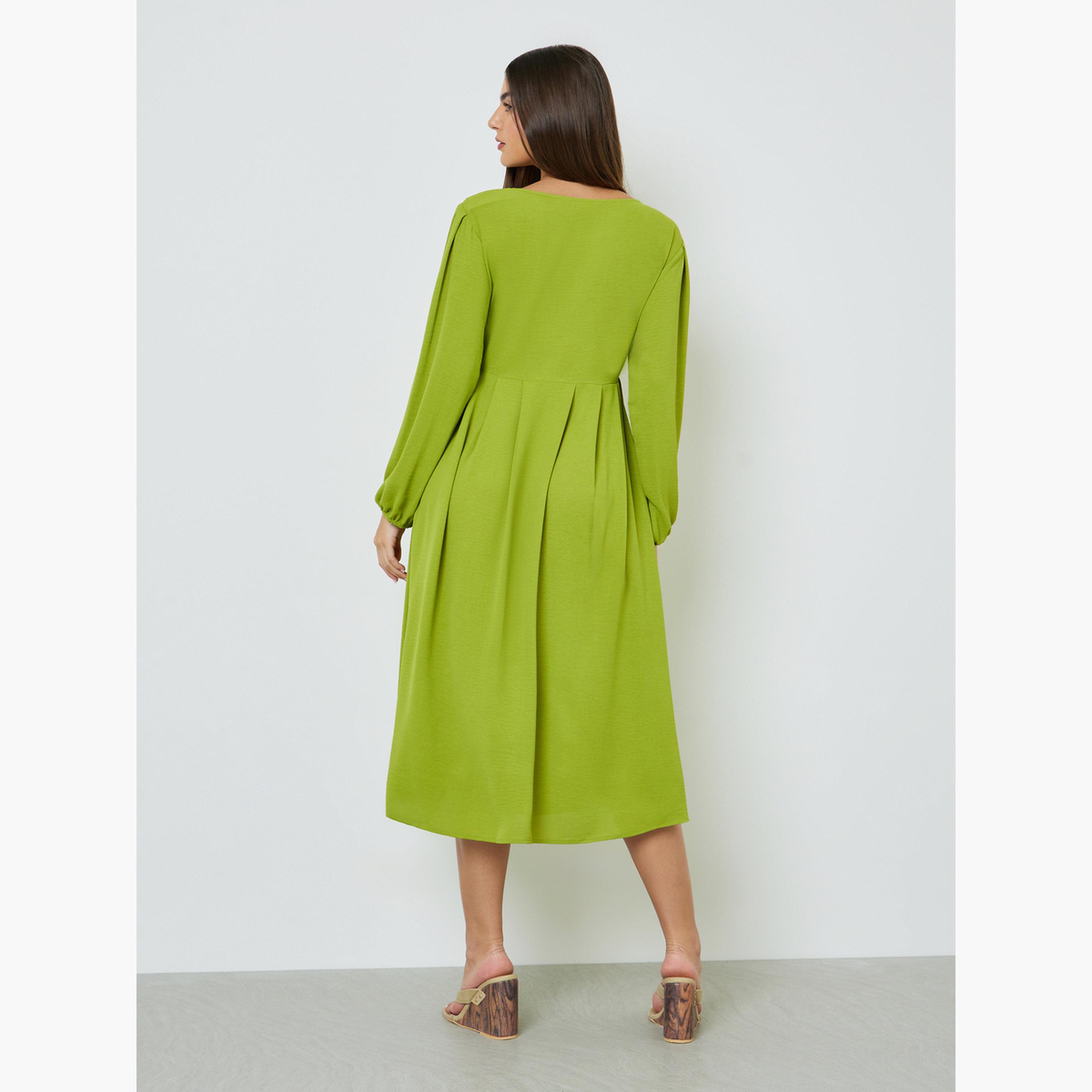 Take Two Green Solid Tie-Up Waist Pleated A-Line Midi Dress-women-clothing-dresses-image-3