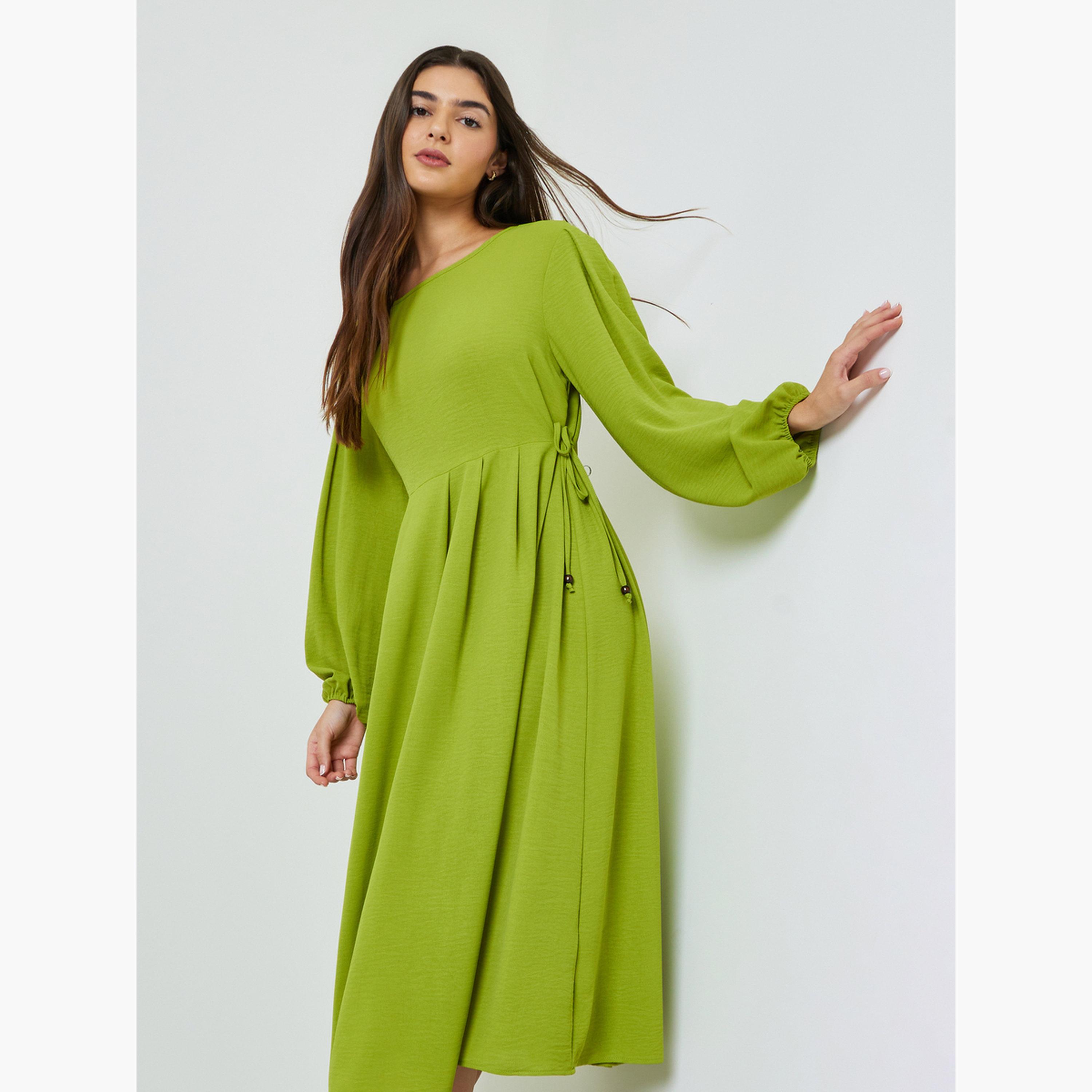 فستان ميدي سادة بكسرات وحافة واسعة وحزام ربطة على الخصر باللون الأخضر-women-clothing-dresses-image-4