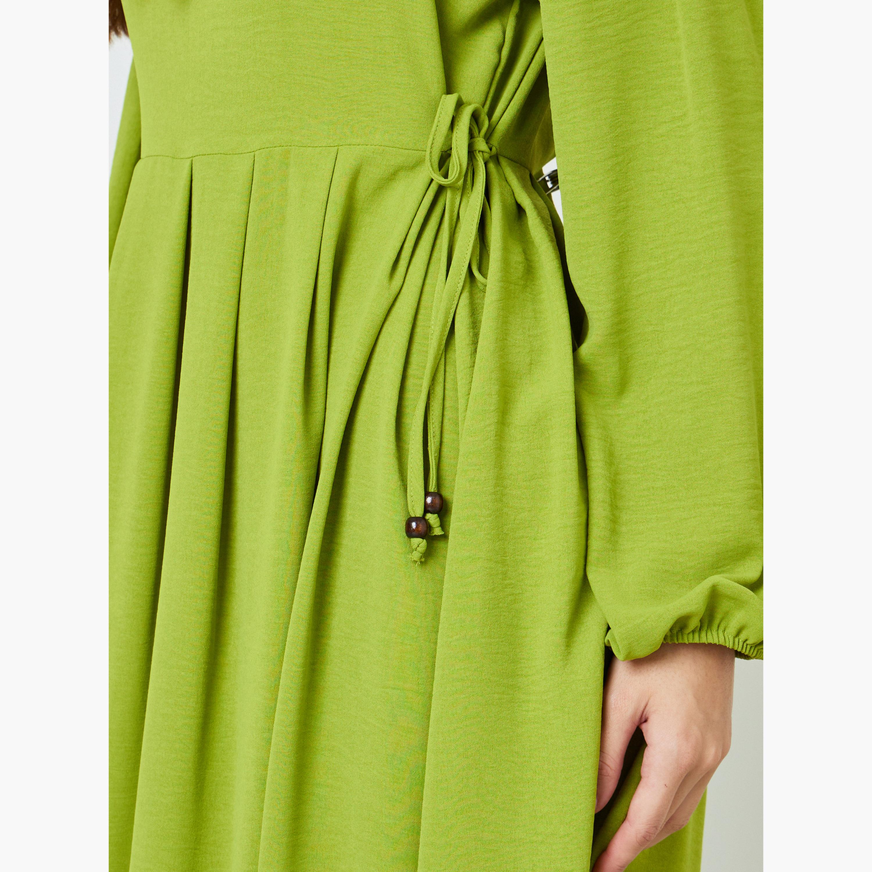 فستان ميدي سادة بكسرات وحافة واسعة وحزام ربطة على الخصر باللون الأخضر-women-clothing-dresses-image-5