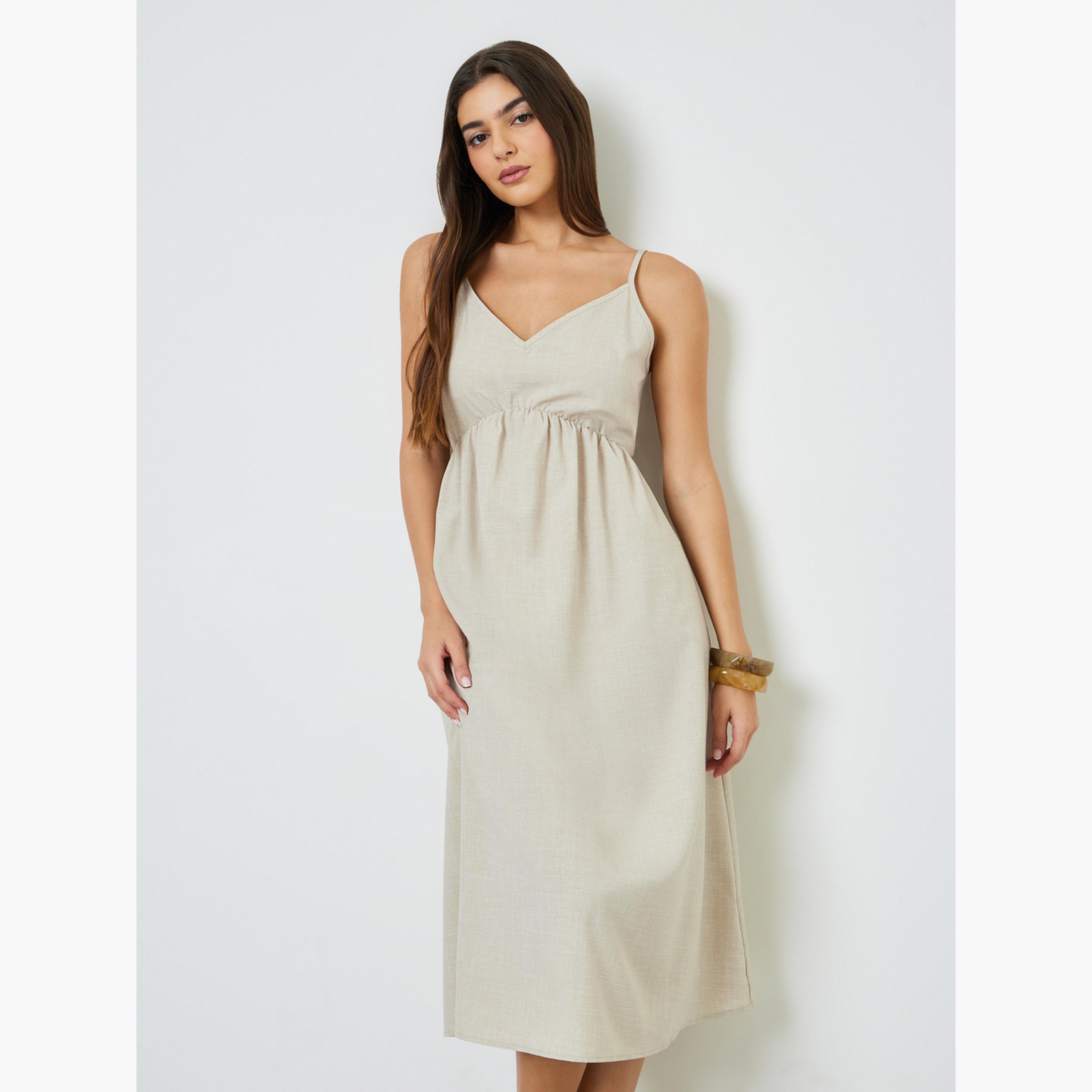 Take Two Beige Solid Strappy A-Line Midi Dress-women-clothing-dresses-image-1