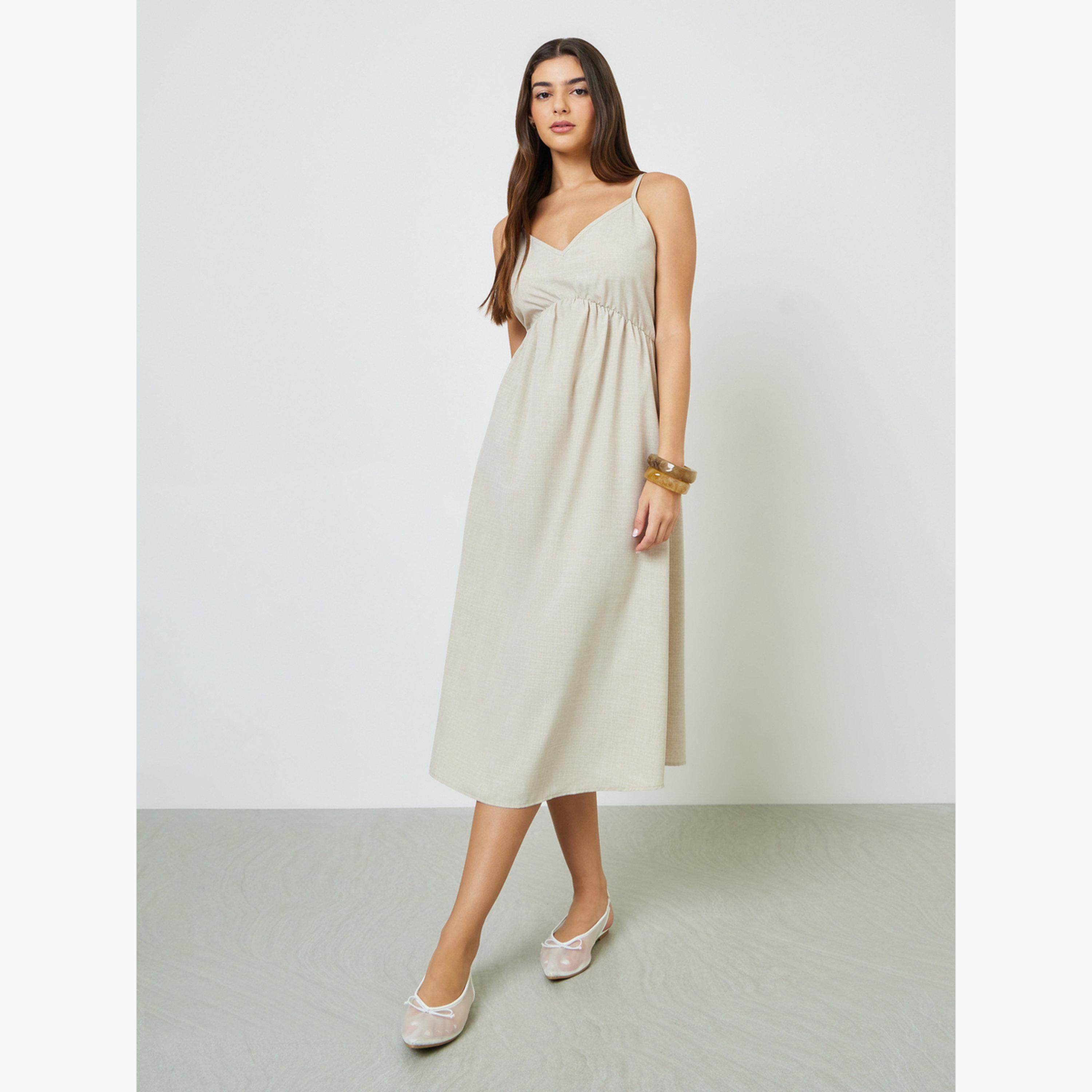 Take Two Beige Solid Strappy A-Line Midi Dress-women-clothing-dresses-image-2