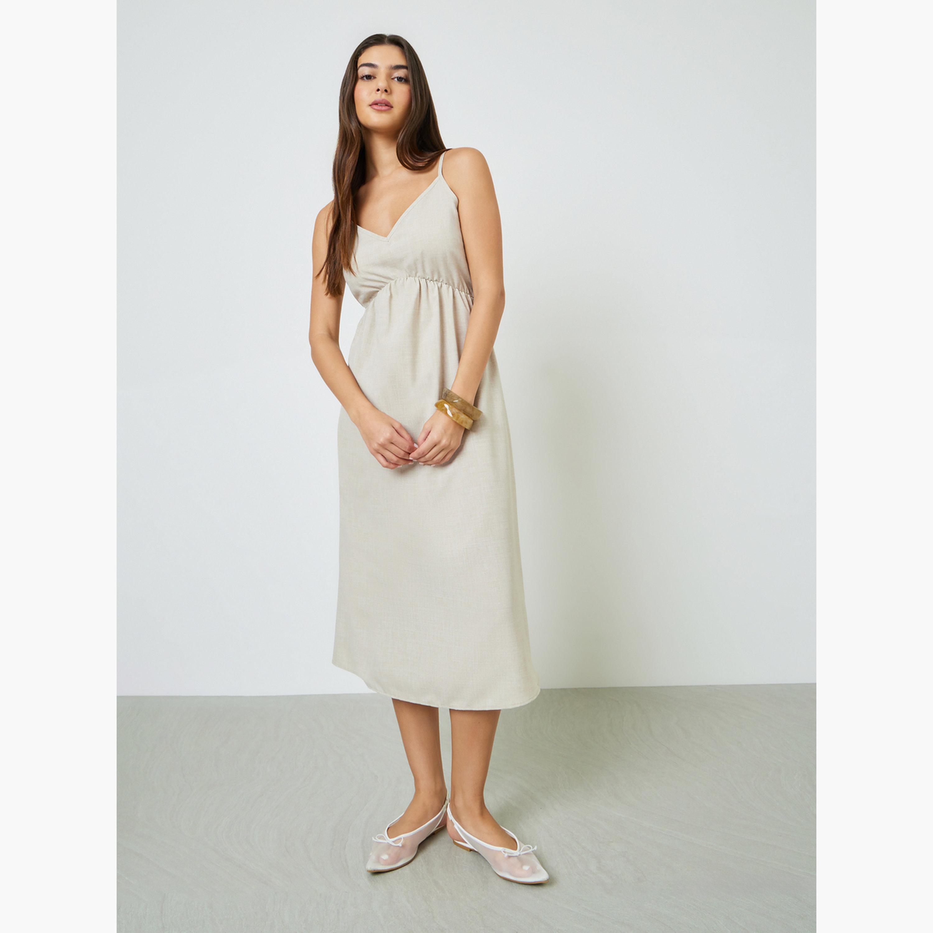 Take Two Beige Solid Strappy A-Line Midi Dress-women-clothing-dresses-image-3