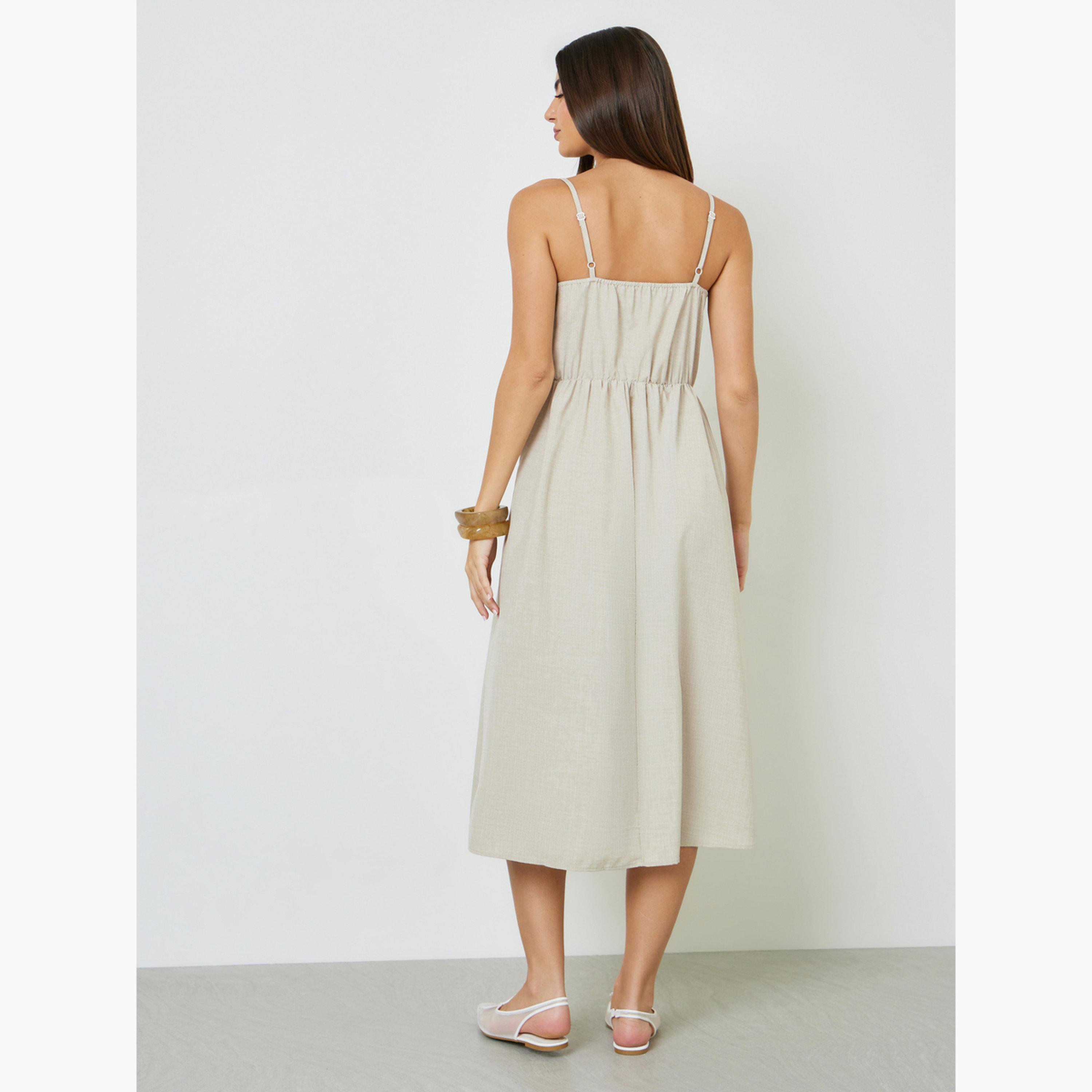Take Two Beige Solid Strappy A-Line Midi Dress-women-clothing-dresses-image-4